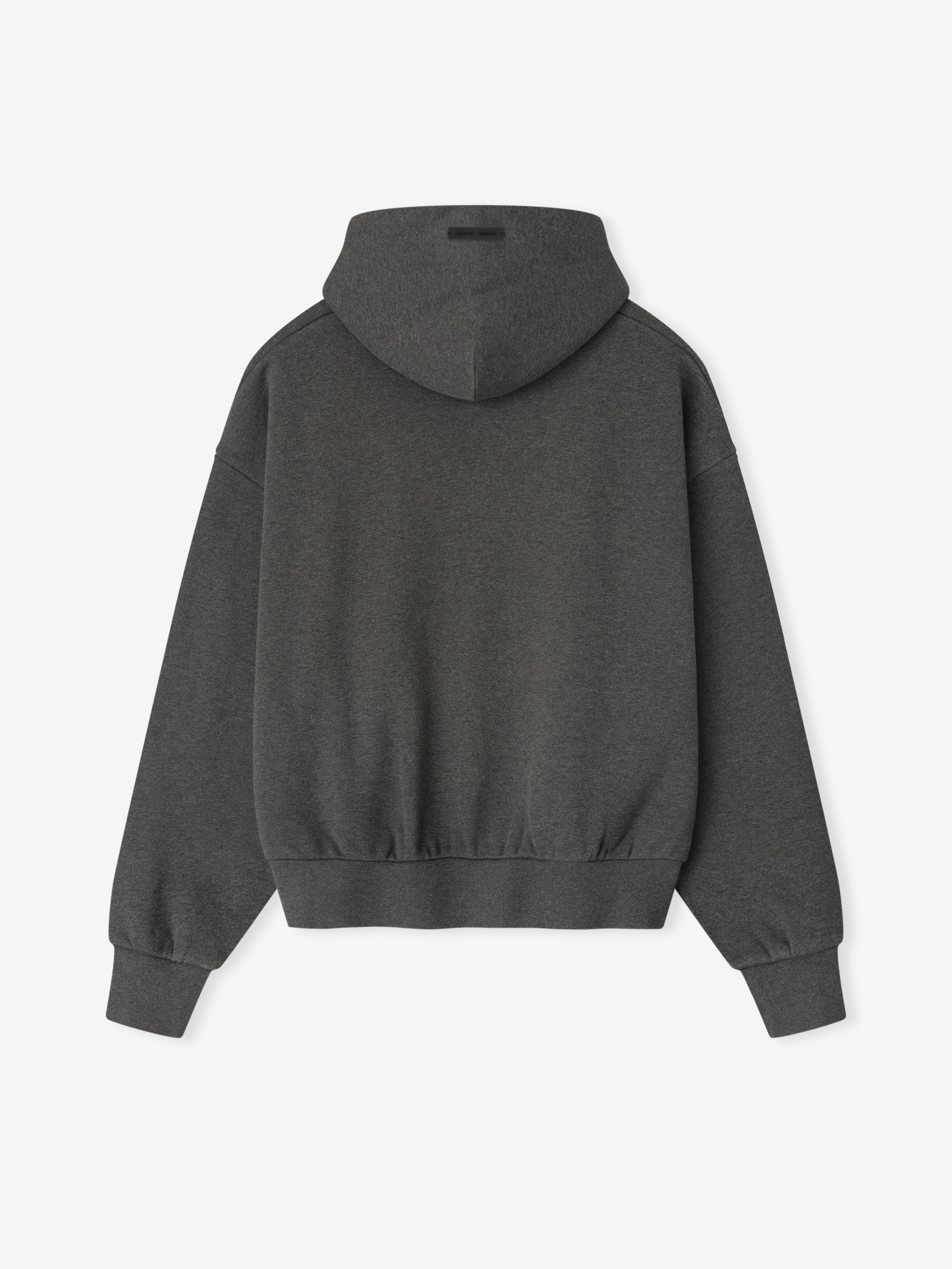 Back view of charcoal heather Embossed Essentials Classic Hoodie highlighting hood and elasticated hem details