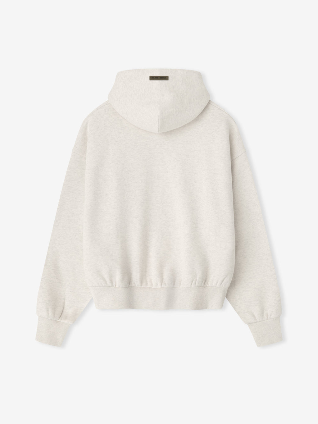 Back view of oatmeal heather Embossed Essentials Classic Hoodie showing hood and ribbed hem details, flat lay shot