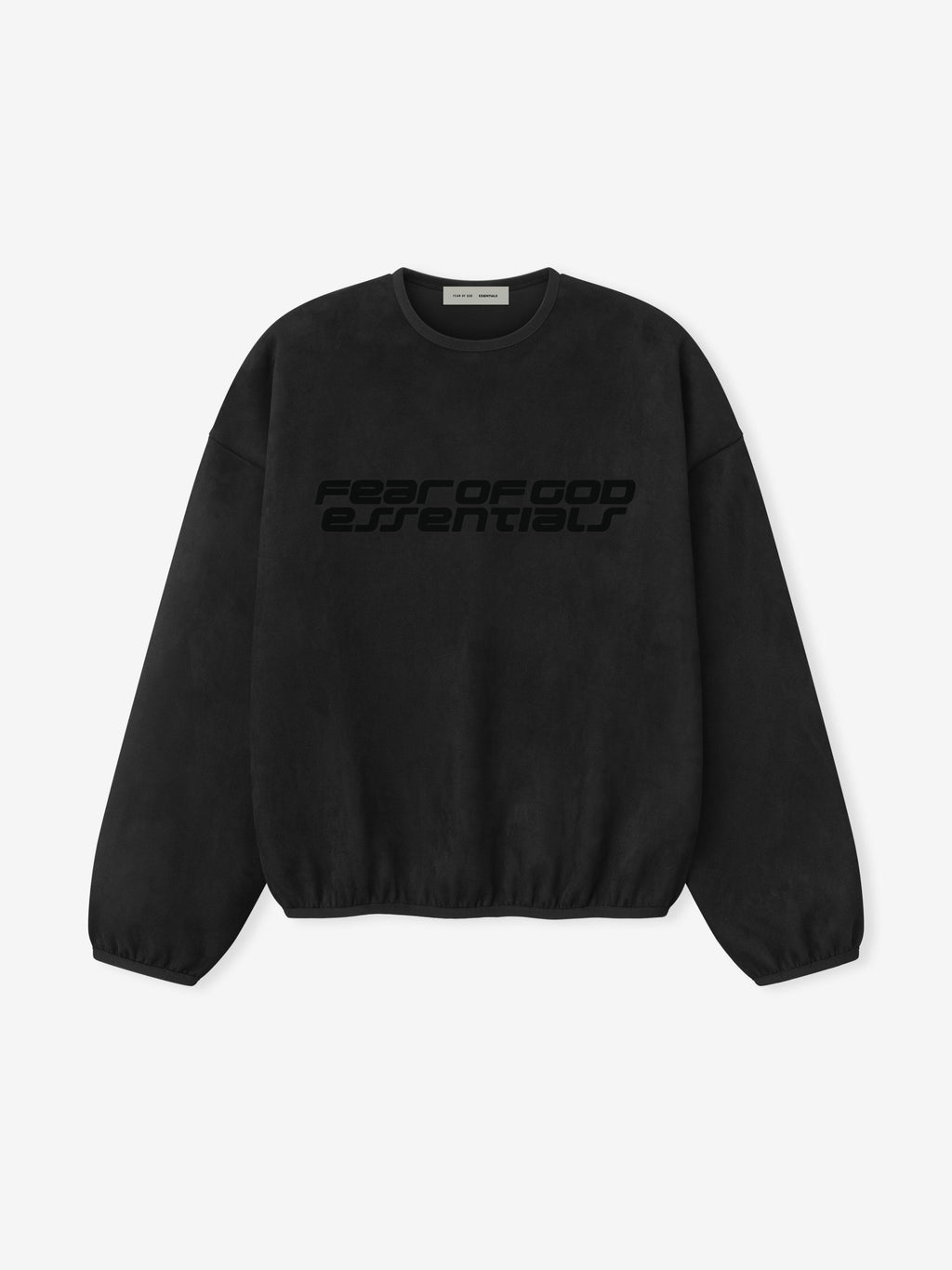 Front view of vintage black crewneck sweatshirt with embossed Fear of God Essentials logo and elasticated cuffs and hem