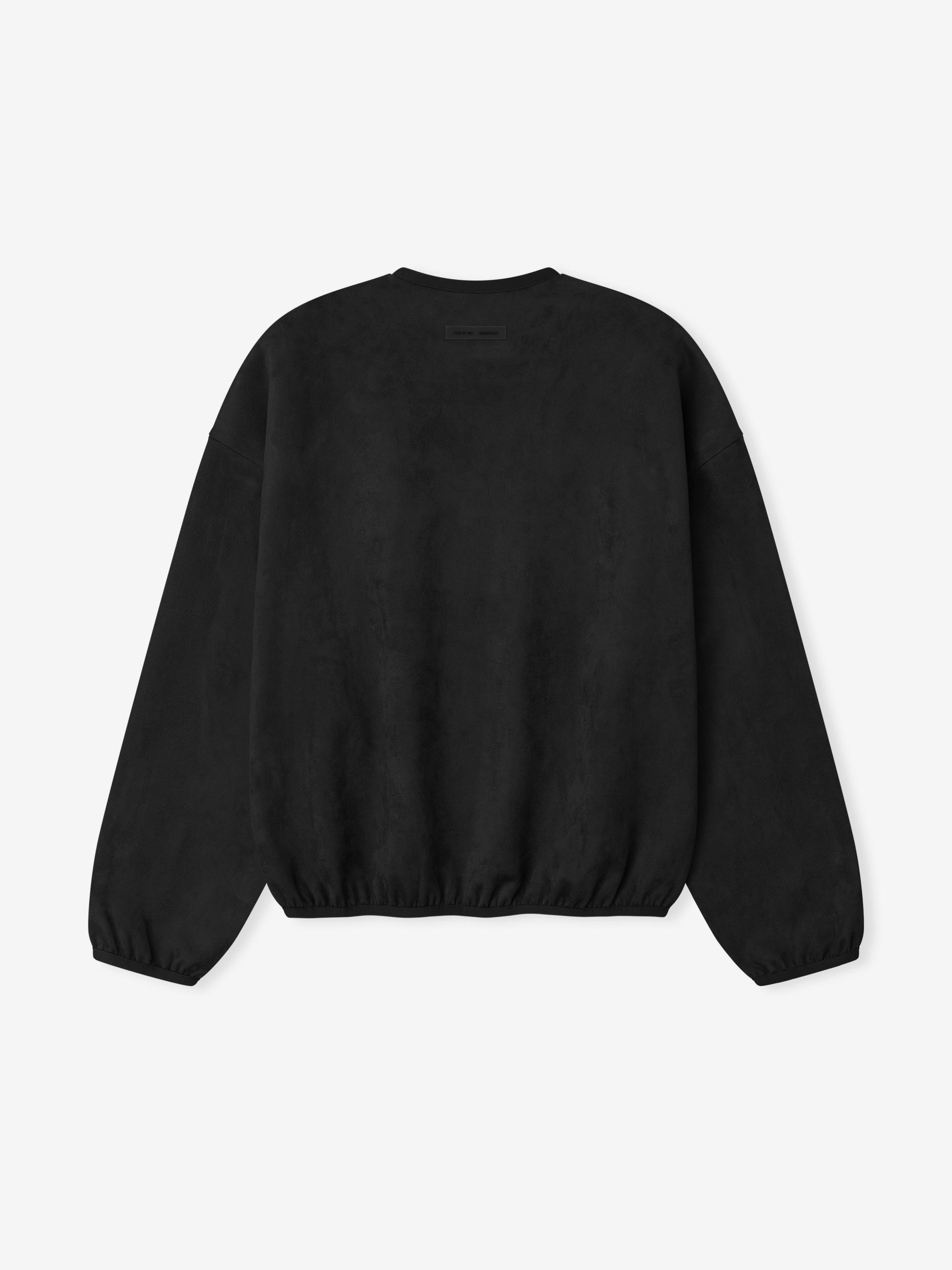 Back view of vintage black modern crewneck sweatshirt with elasticated cuffs and hem in studio setting