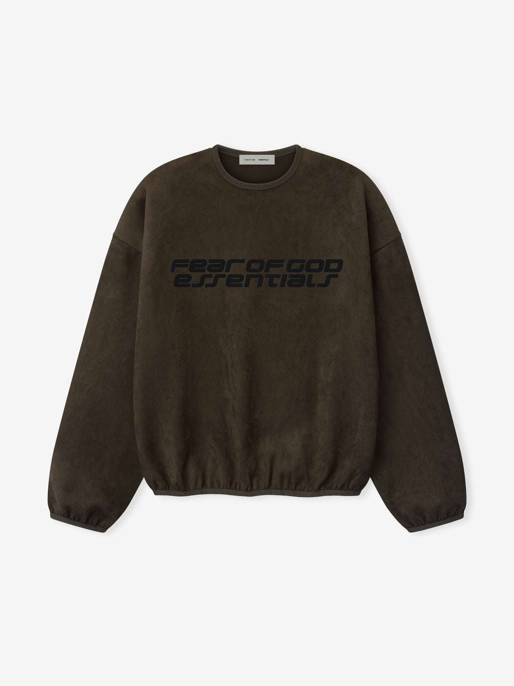 Front view of brown modern crewneck sweatshirt with black Fear of God Essentials logo and elasticated cuffs and hem