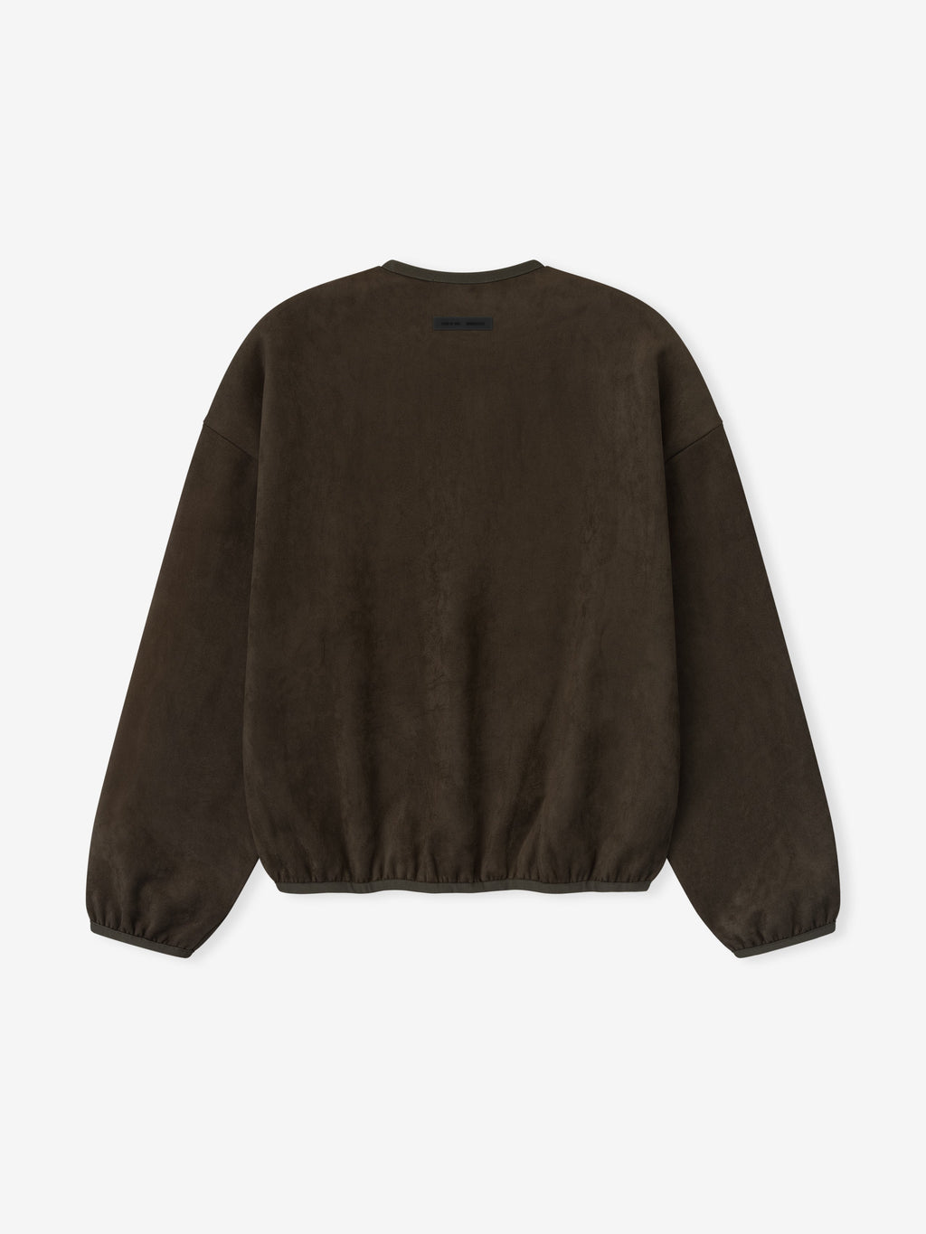 Back view of brown modern crewneck sweatshirt with subtle logo patch near neckline and elasticated hem and cuffs
