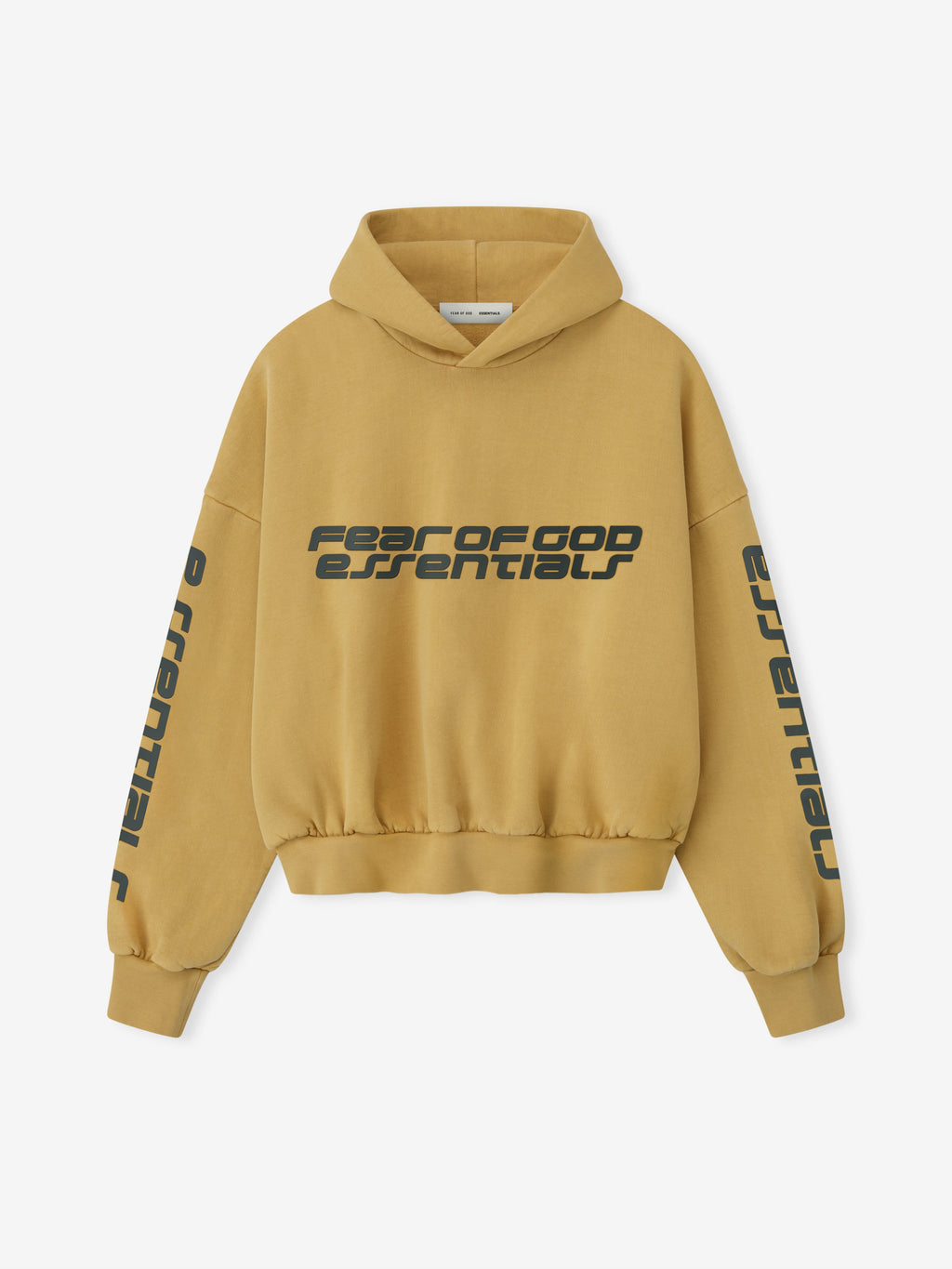 Front view of canyon-colored cropped relaxed hoodie with bold dark grey Fear of God Essentials logo on chest and sleeves