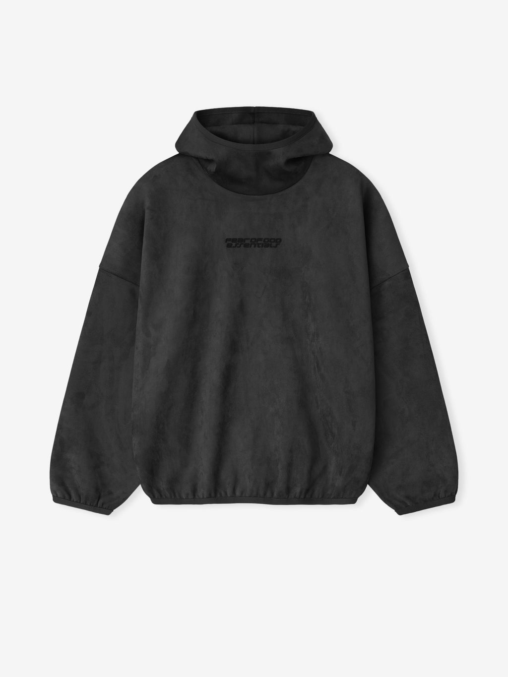 Front view of black suede fleece modern hoodie with subtle tonal logo and relaxed fit 192HO256942F_MODERN_HOODIE-IRON_GREY_1.jpg
