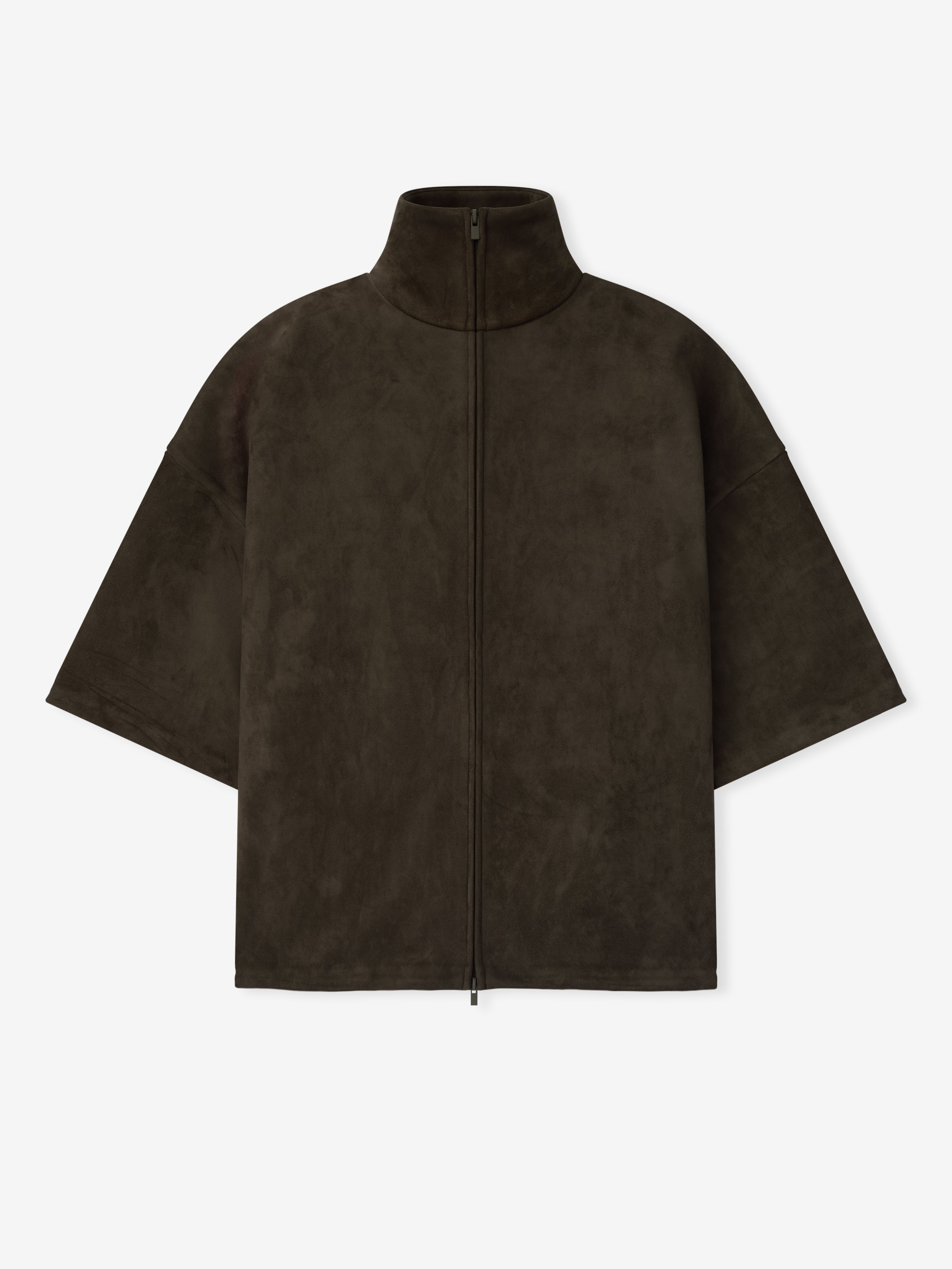 Flat lay of brown suede fleece high neck jacket featuring a full front zipper and wide 3/4 sleeves, file 192HO256952F_HIGH_NECK_3QUARTER_SLEEVE_JACKET-BROWN_1.jpg