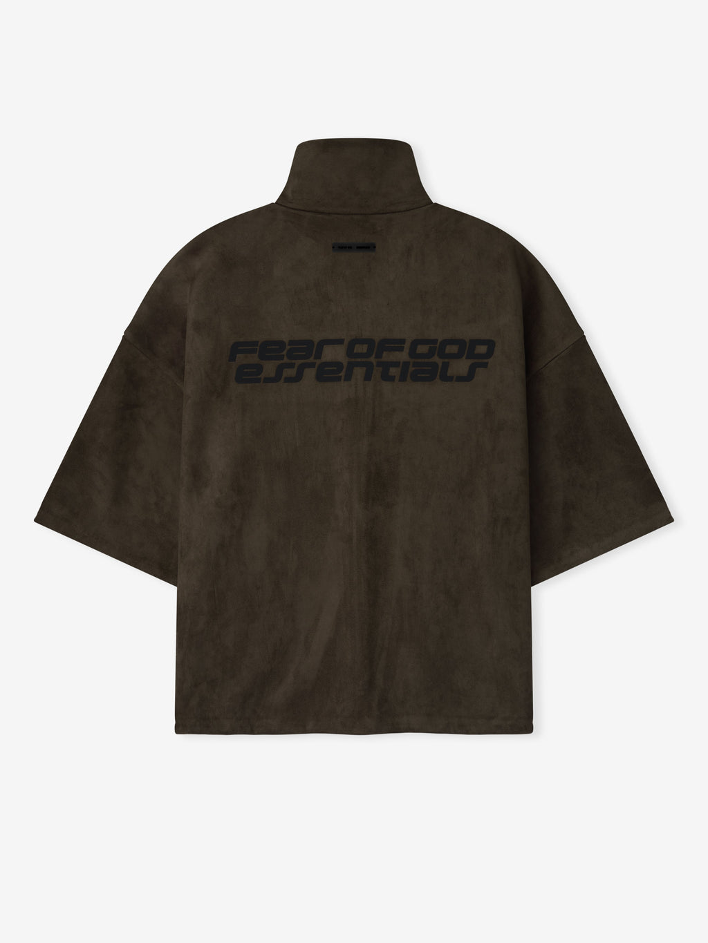 Back view of dark brown suede fleece high neck jacket with wide 3/4 sleeves and large black Fear of God Essentials logo