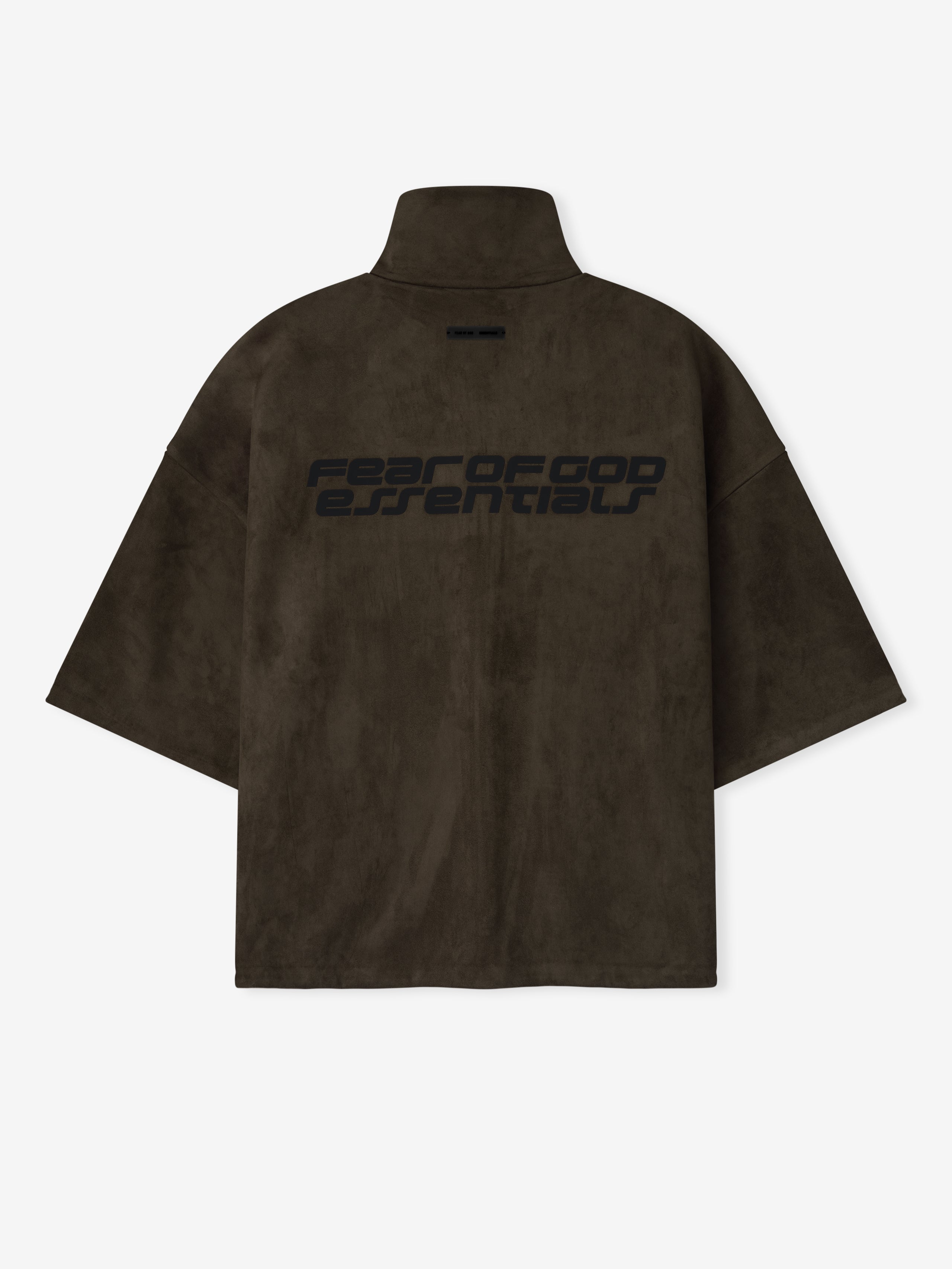 Back view of dark brown suede fleece high neck jacket with wide 3/4 sleeves and large black Fear of God Essentials logo