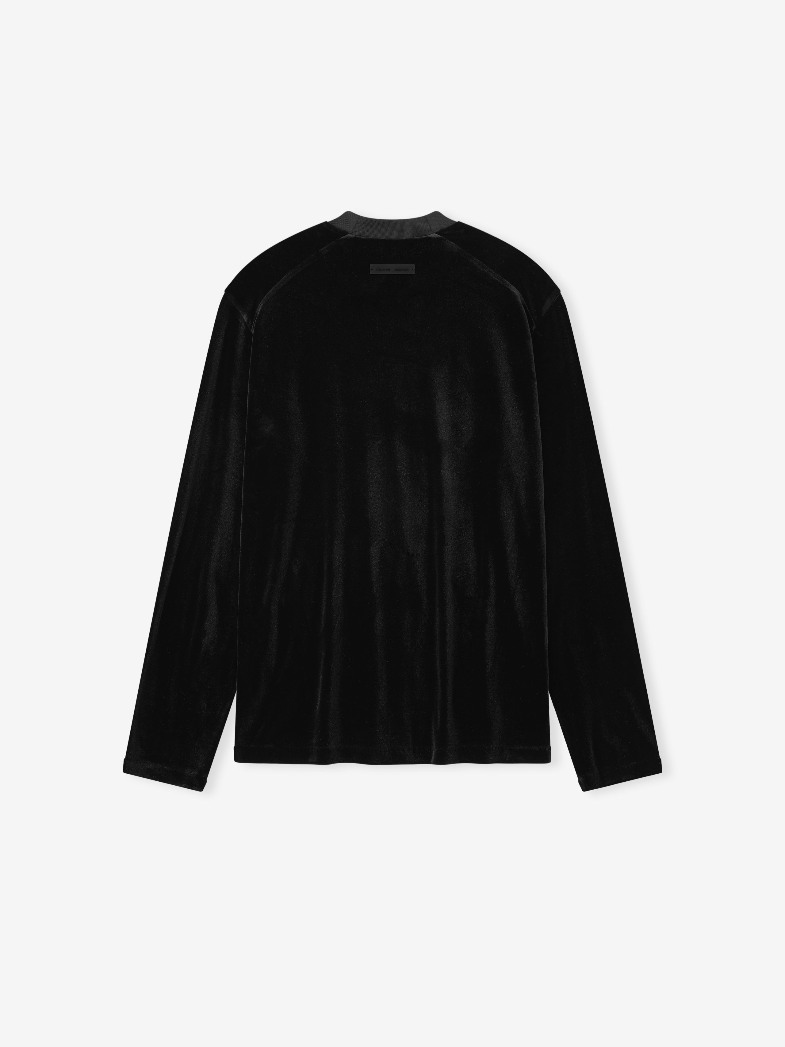 back view of black women's high shine velour long sleeve tee with relaxed fit on white background