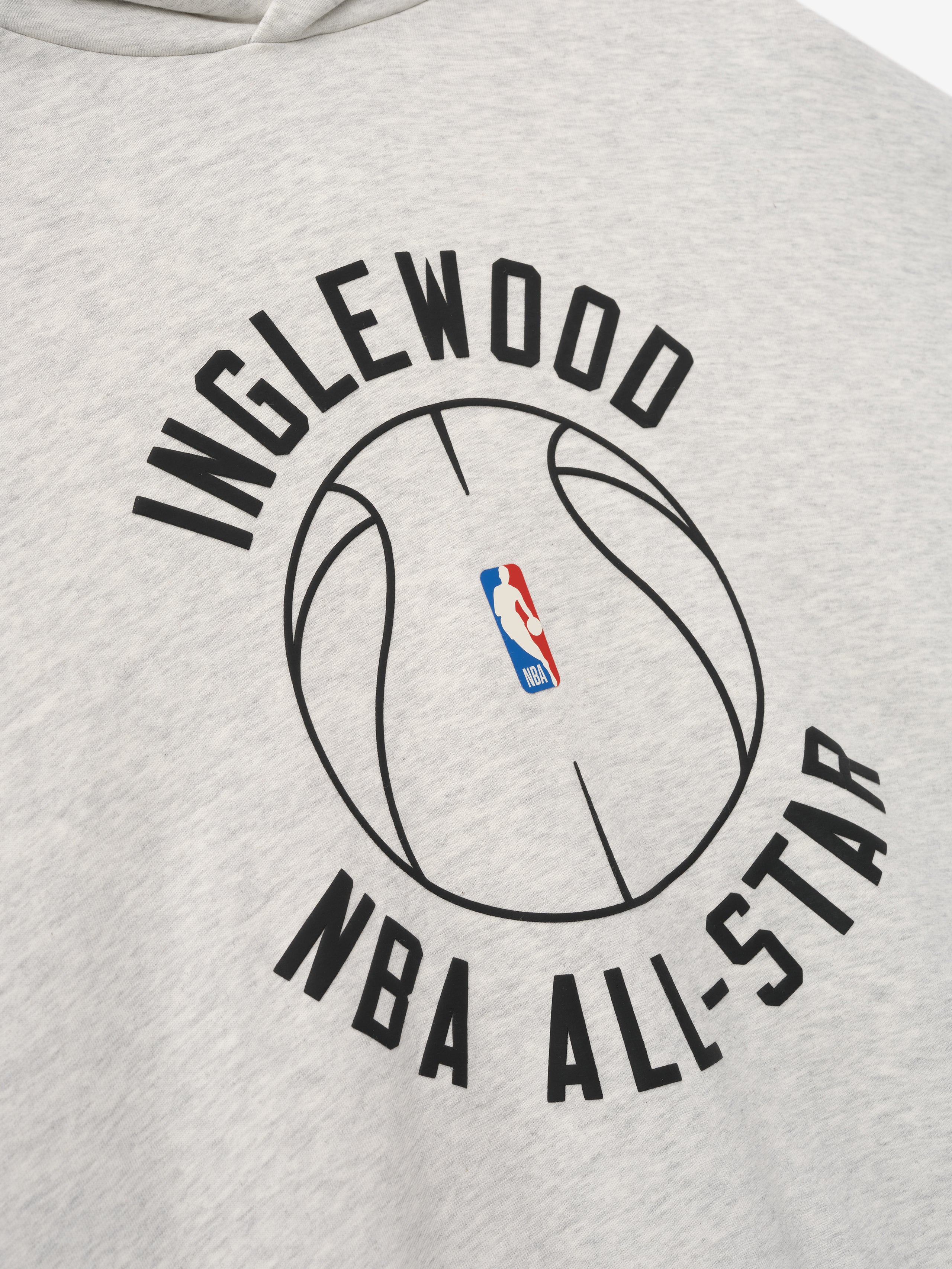 light gray heavyweight cotton fleece hoodie with puff-printed Inglewood NBA All-Star basketball graphic on front center