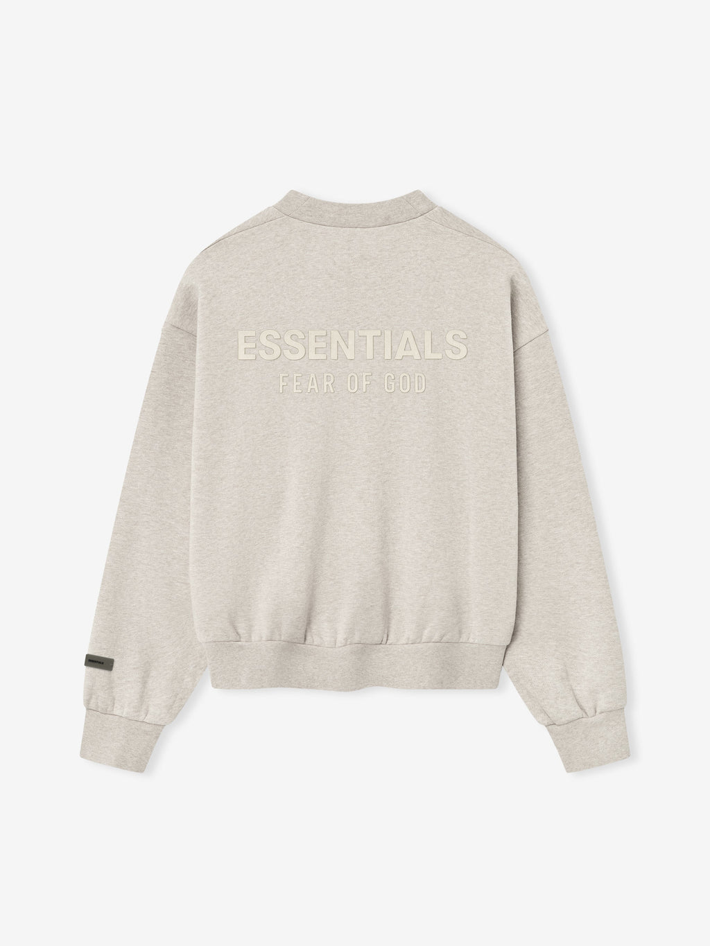 back view of light beige fleece crewneck with ribbed cuffs, hem, and embossed ESSENTIALS Fear of God logo on back