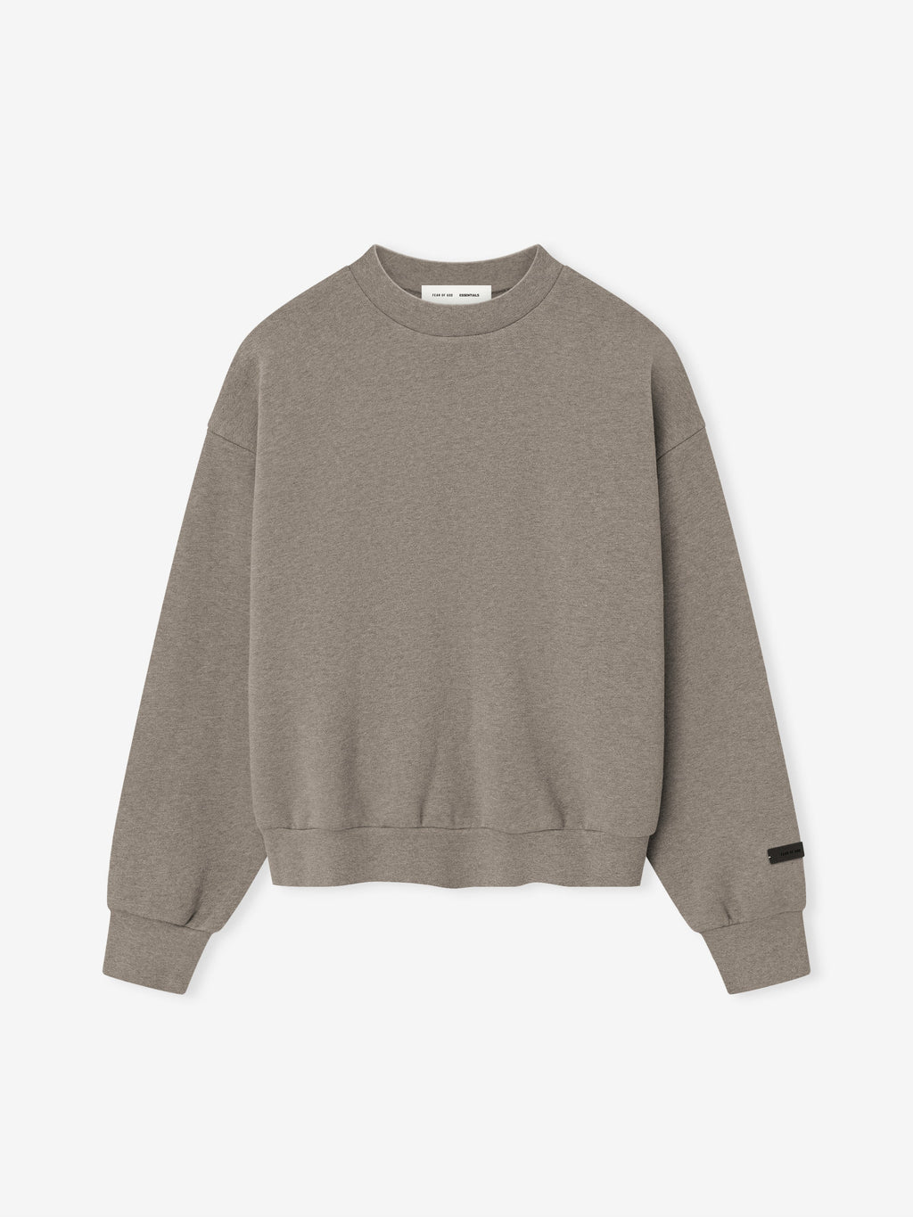 neutral grey crewneck sweatshirt with ribbed cuffs and hem laid flat on white background