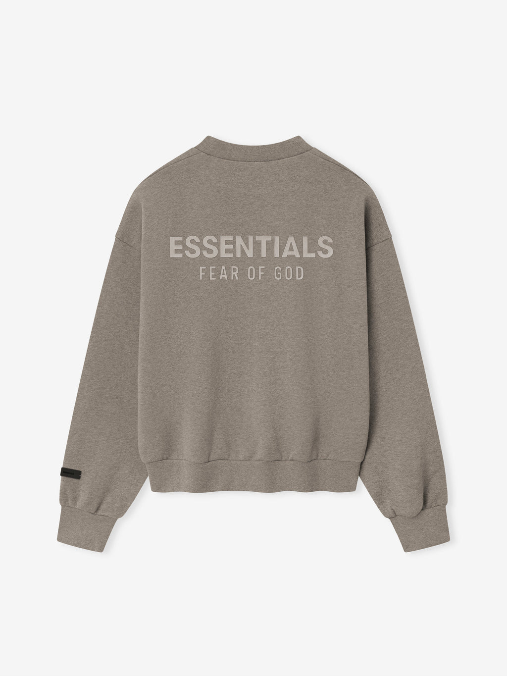 back view of taupe fleece crewneck with ribbed cuffs, hem, and ESSENTIALS Fear of God logo across upper back