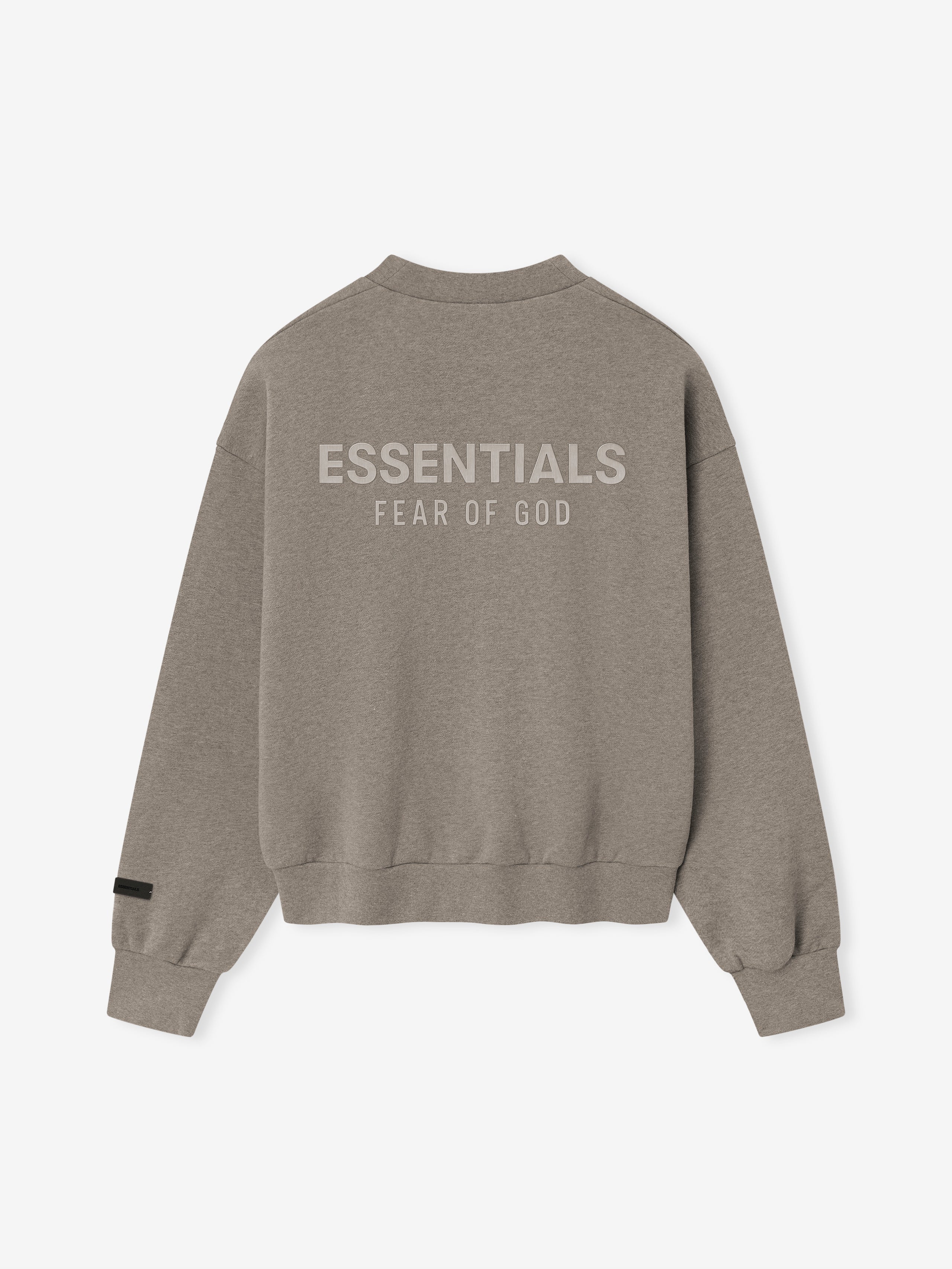 back view of taupe fleece crewneck with ribbed cuffs, hem, and ESSENTIALS Fear of God logo across upper back