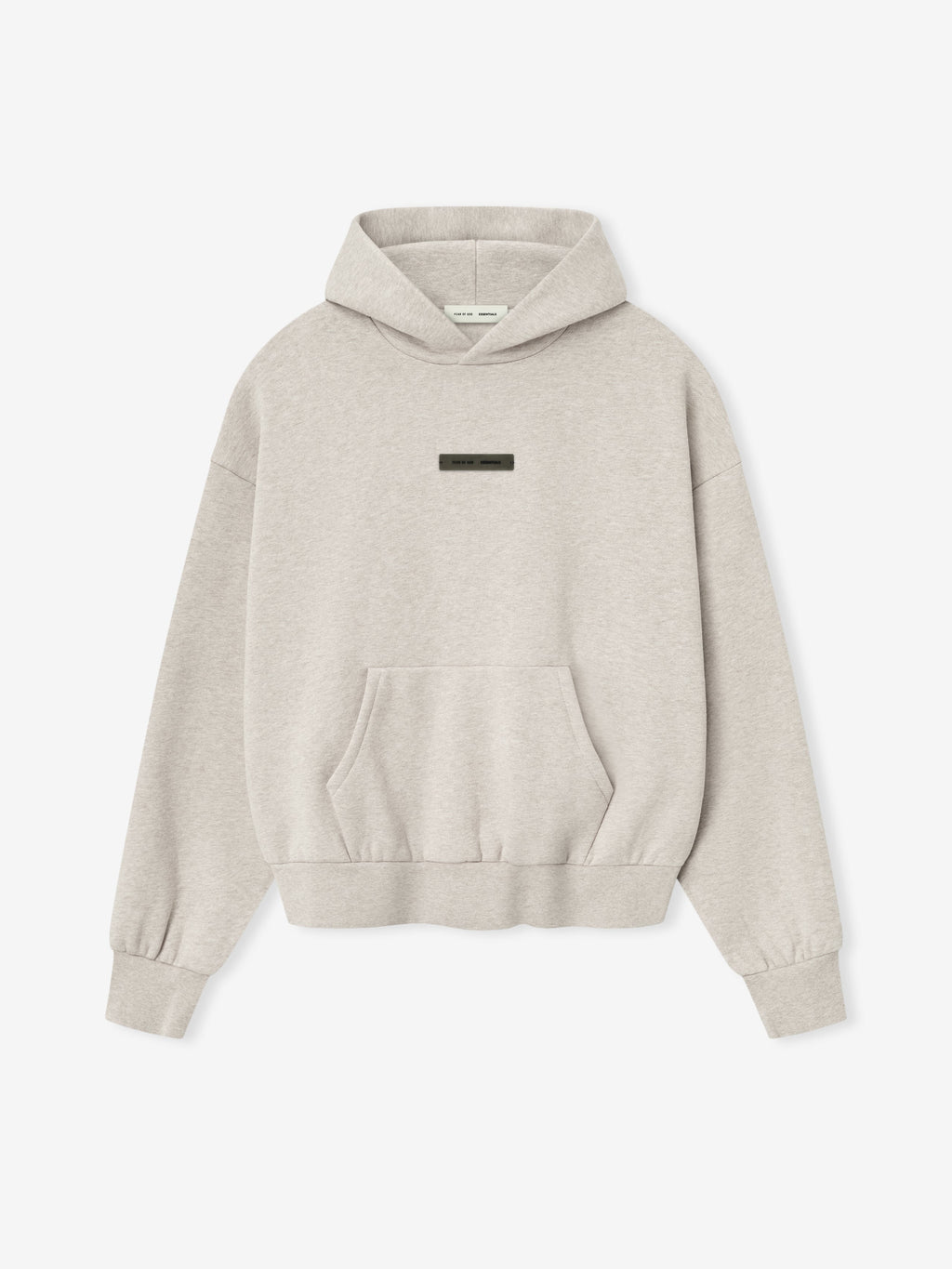 light beige Classic Fleece Hoodie with front kangaroo pocket and small rectangular logo patch on chest laid flat