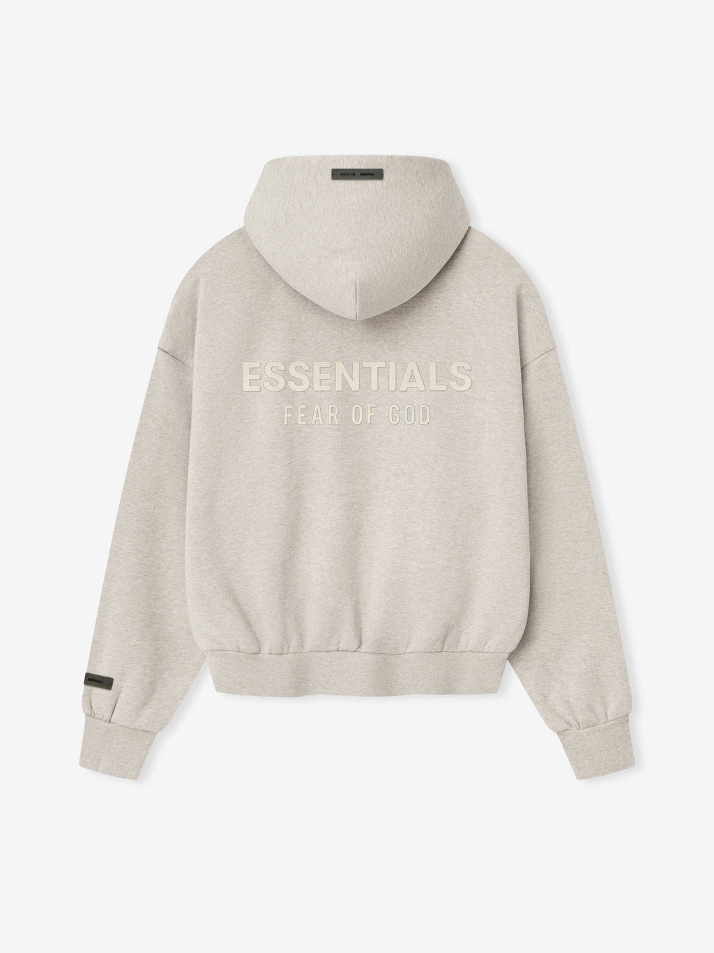 light beige fleece hoodie with ESSENTIALS Fear of God logo embroidered on the back in relaxed fit design