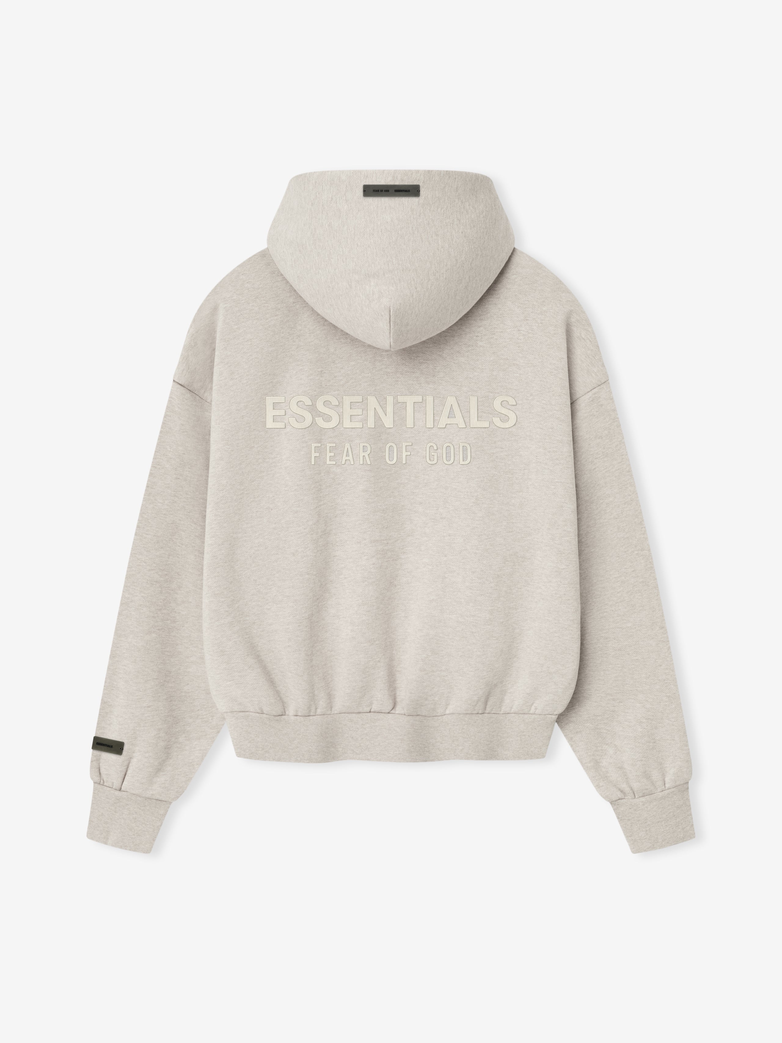 light beige fleece hoodie with ESSENTIALS Fear of God logo embroidered on the back in relaxed fit design