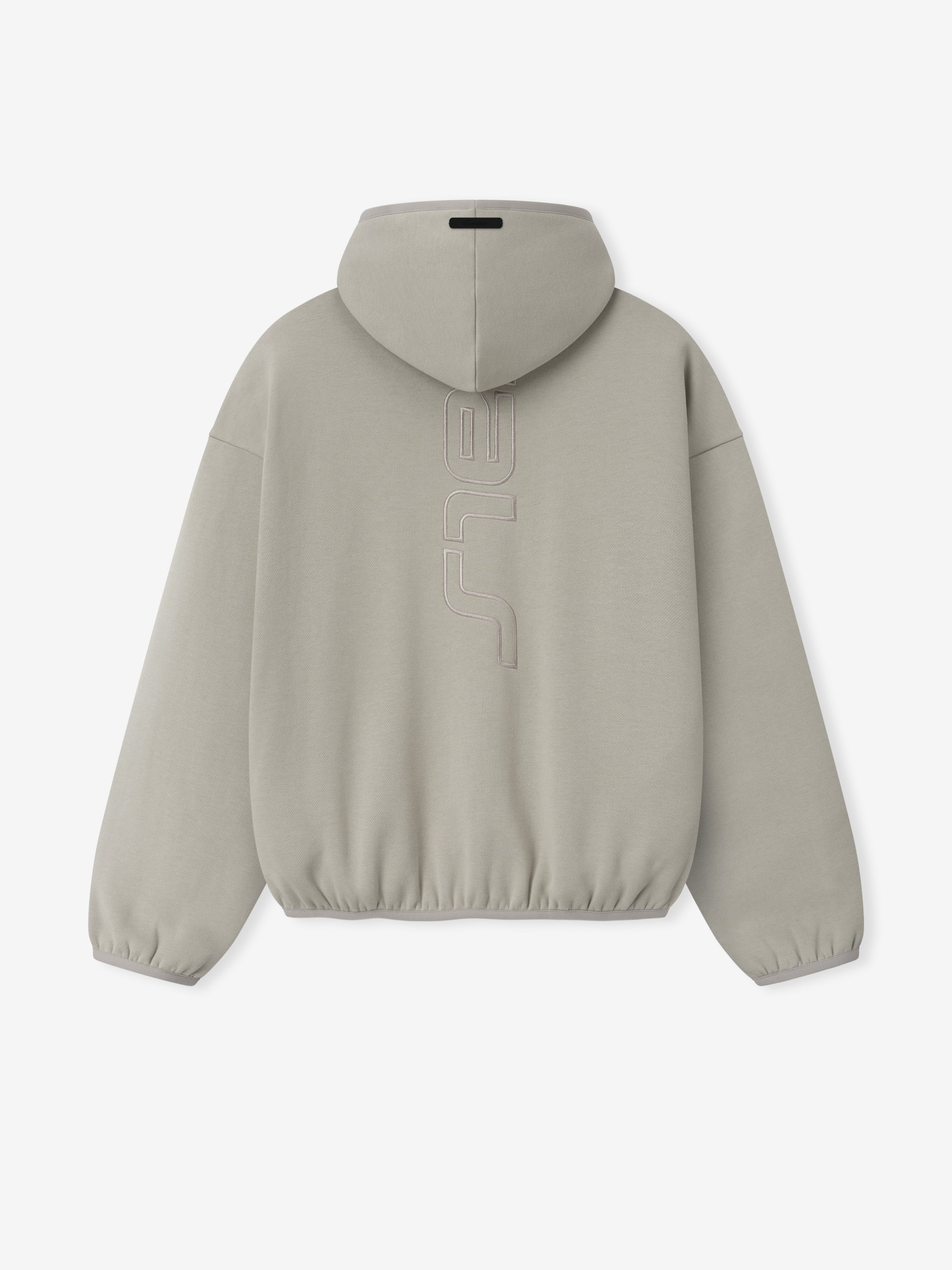 light gray modern fleece hoodie with hood and raised vertical Active Trace logo on back center panel