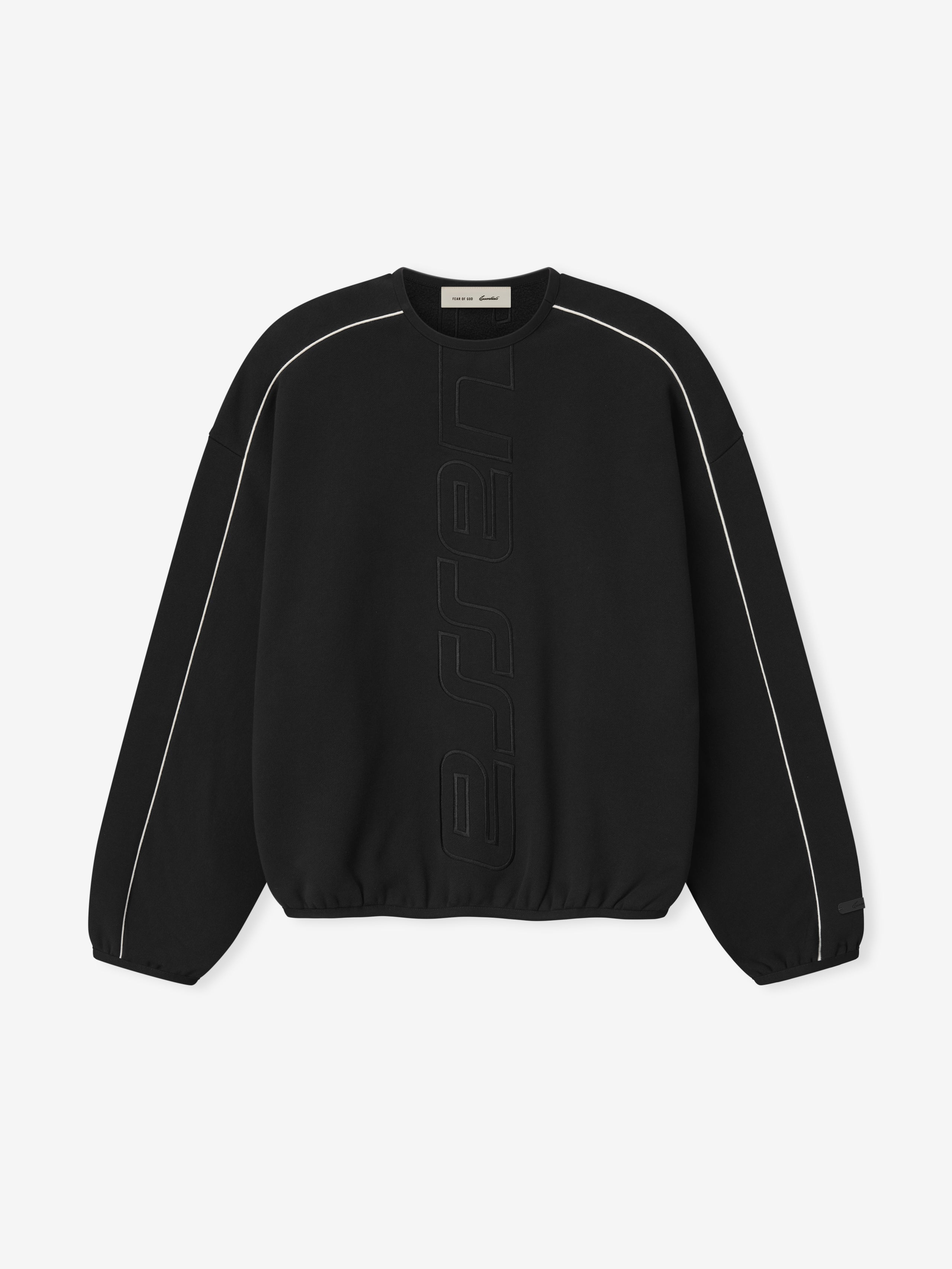 black crewneck sweatshirt with vertical embossed Active Trace logo and white piping along sleeves