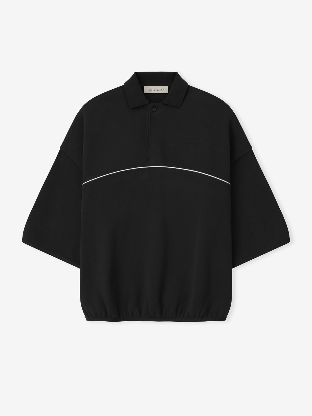 black cropped polo sweatshirt with 3/4 sleeves, relaxed volume fit, and white curved piping detail across chest