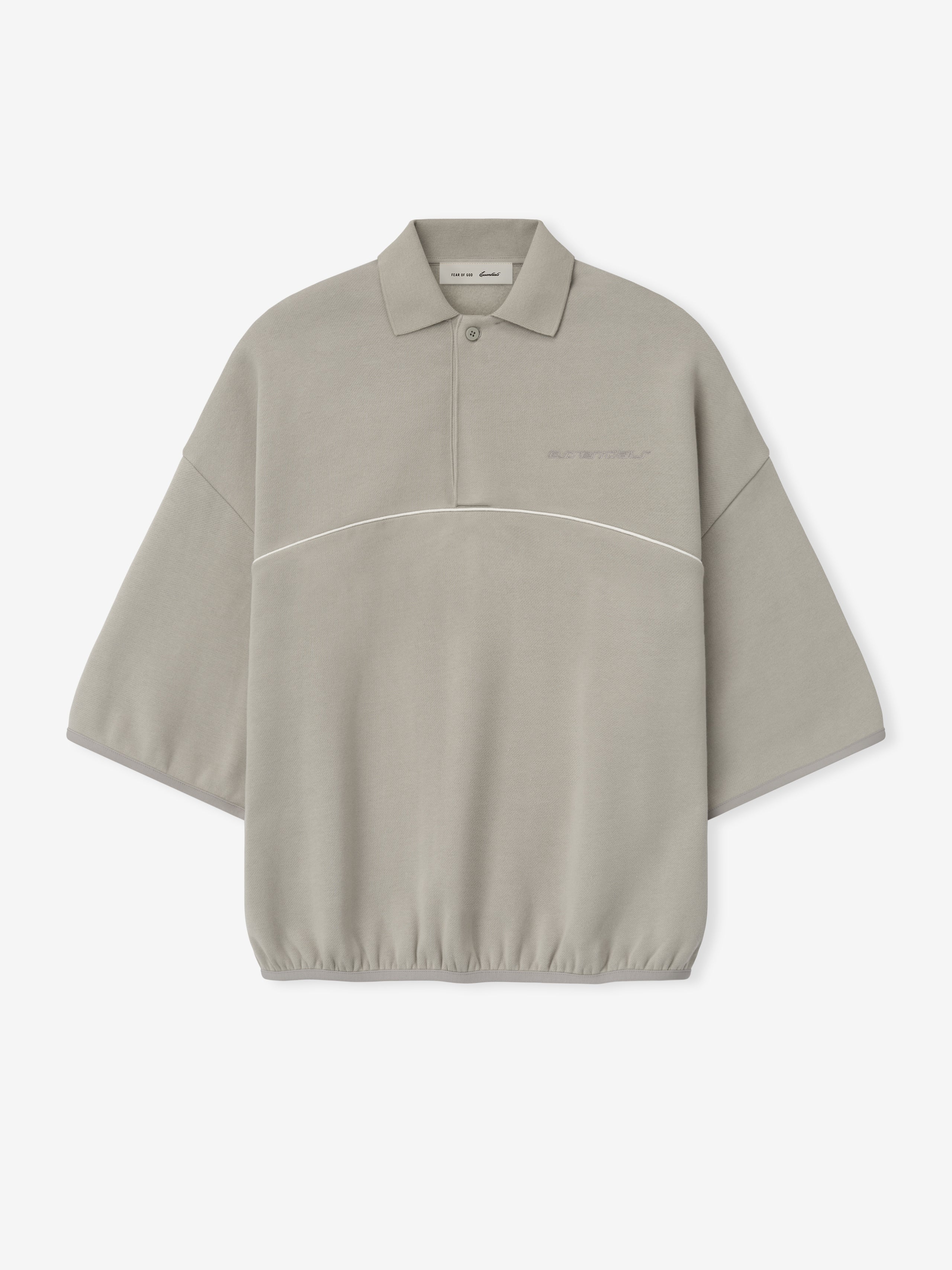 light gray cropped polo sweatshirt with 3/4 wide sleeves, subtle embroidered logo, and white piping across chest