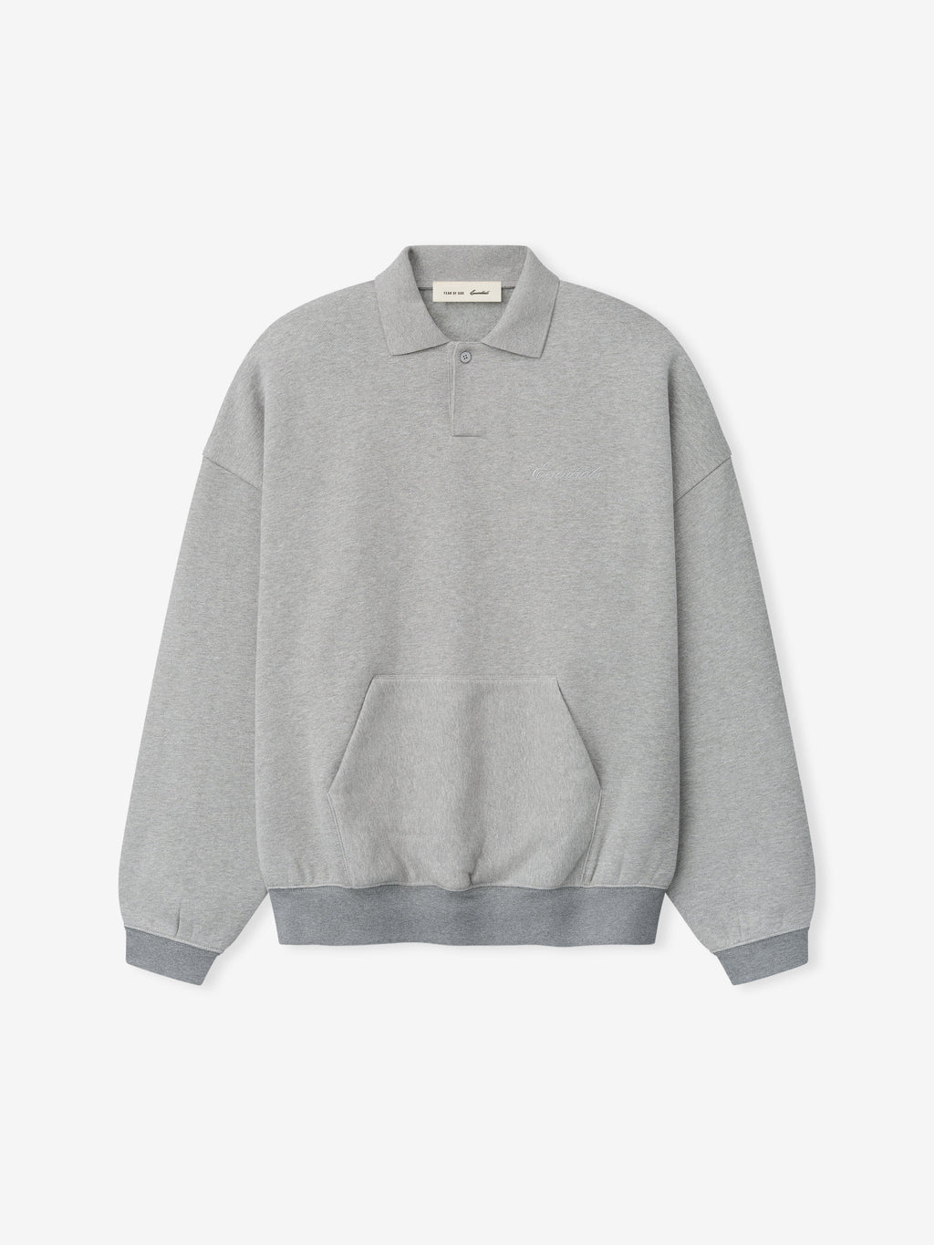 light gray 90s-inspired polo sweatshirt with relaxed fit, covered Henley placket, kangaroo pocket, and ribbed cuffs and hem