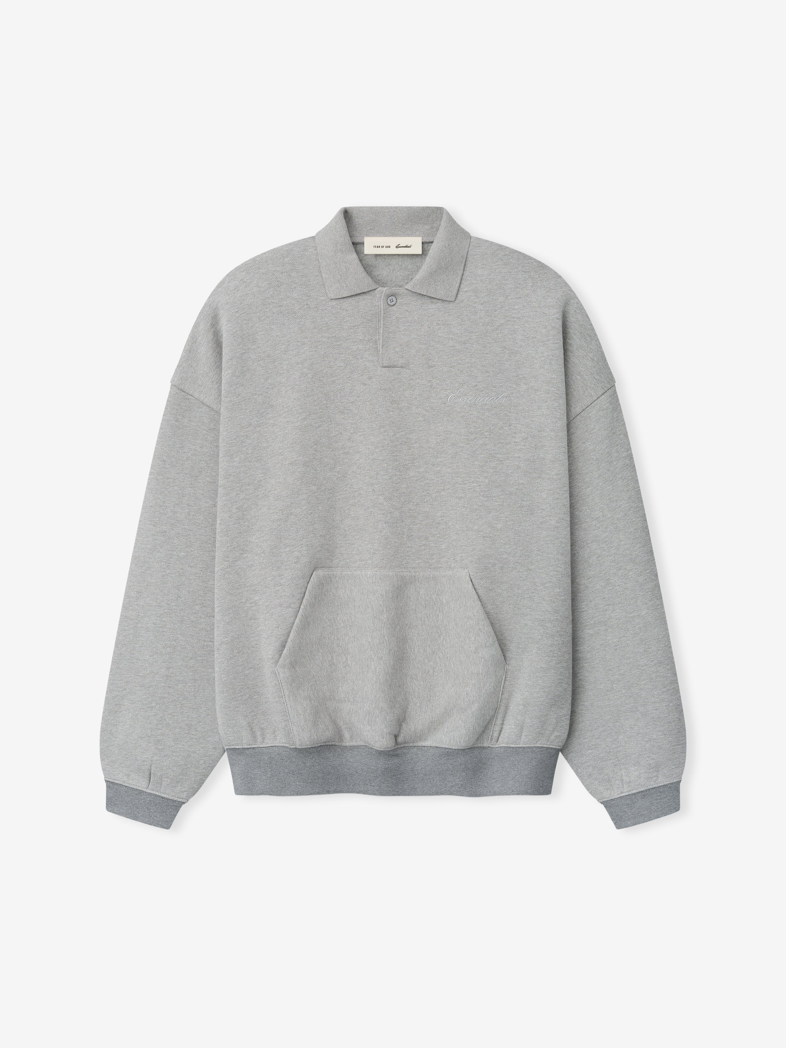 light gray 90s-inspired polo sweatshirt with relaxed fit, covered Henley placket, kangaroo pocket, and ribbed cuffs and hem