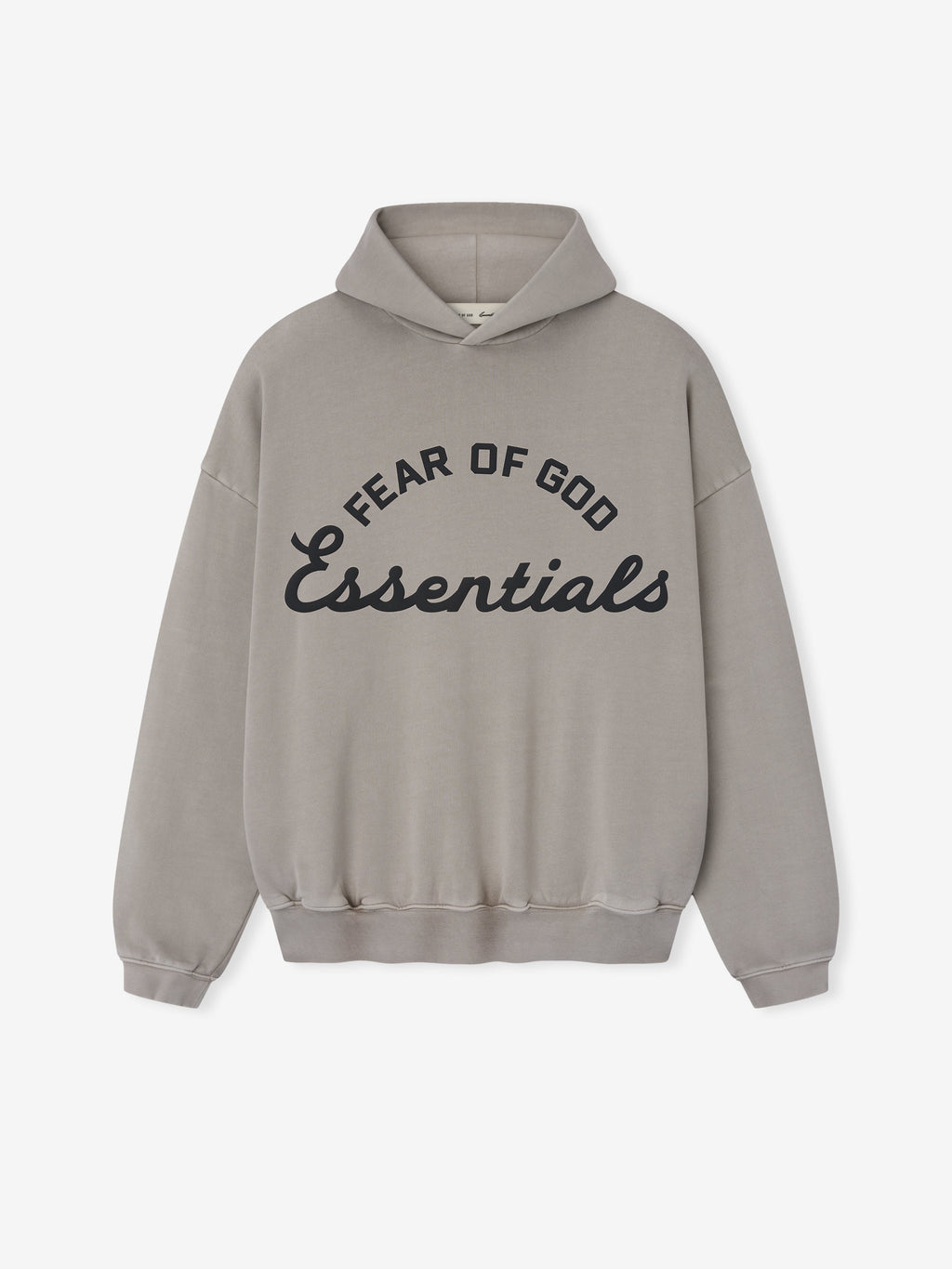 taupe pigment-dyed cotton fleece hoodie with oversized Fear of God Essentials logo in black puff print on front