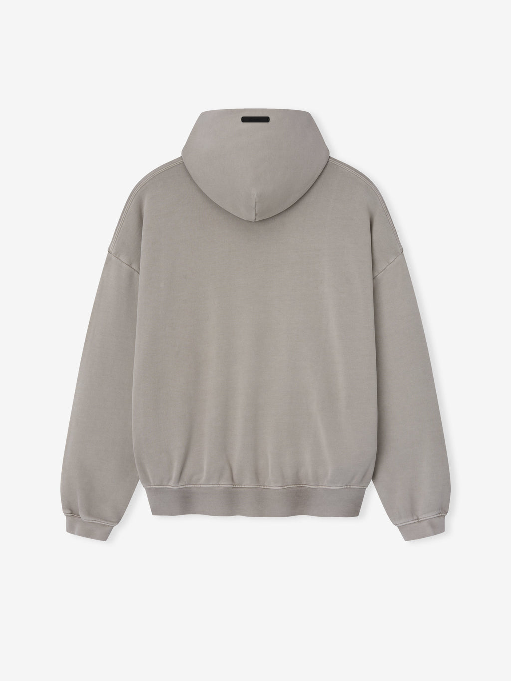 back view of gray pigment-dyed cotton fleece hoodie with relaxed fit and ribbed cuffs and hem