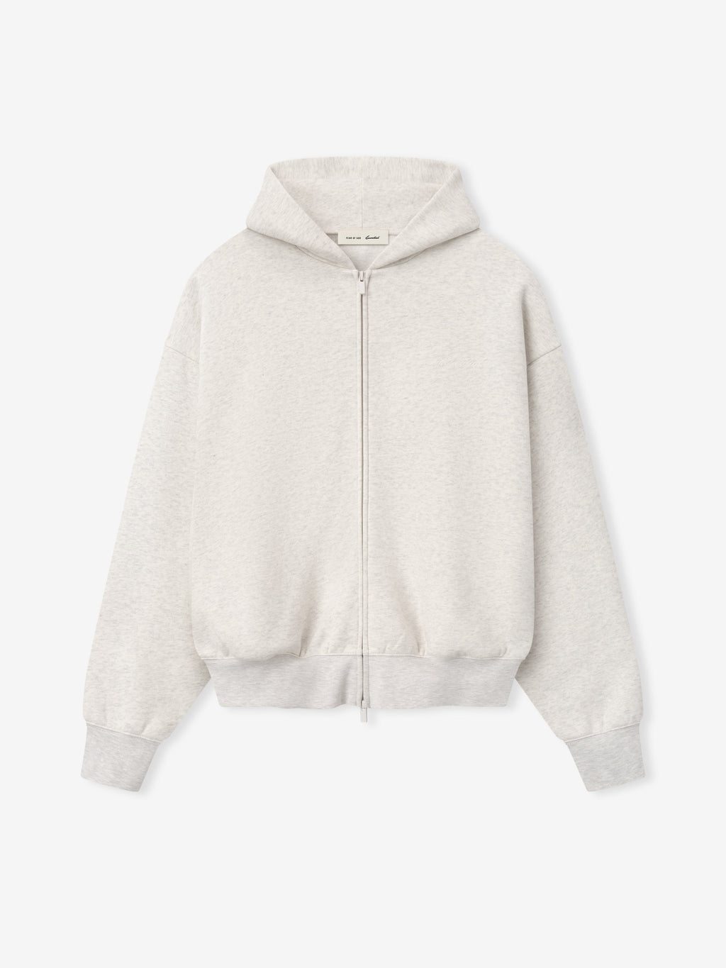 off-white heavyweight full zip hoodie with attached hood and ribbed cuffs and hem in core fleece fabric