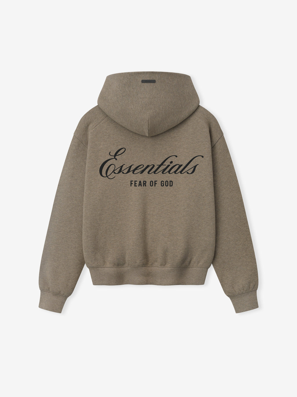Brown hoodie with 'Essentials Fear of God' text on the back against a white background