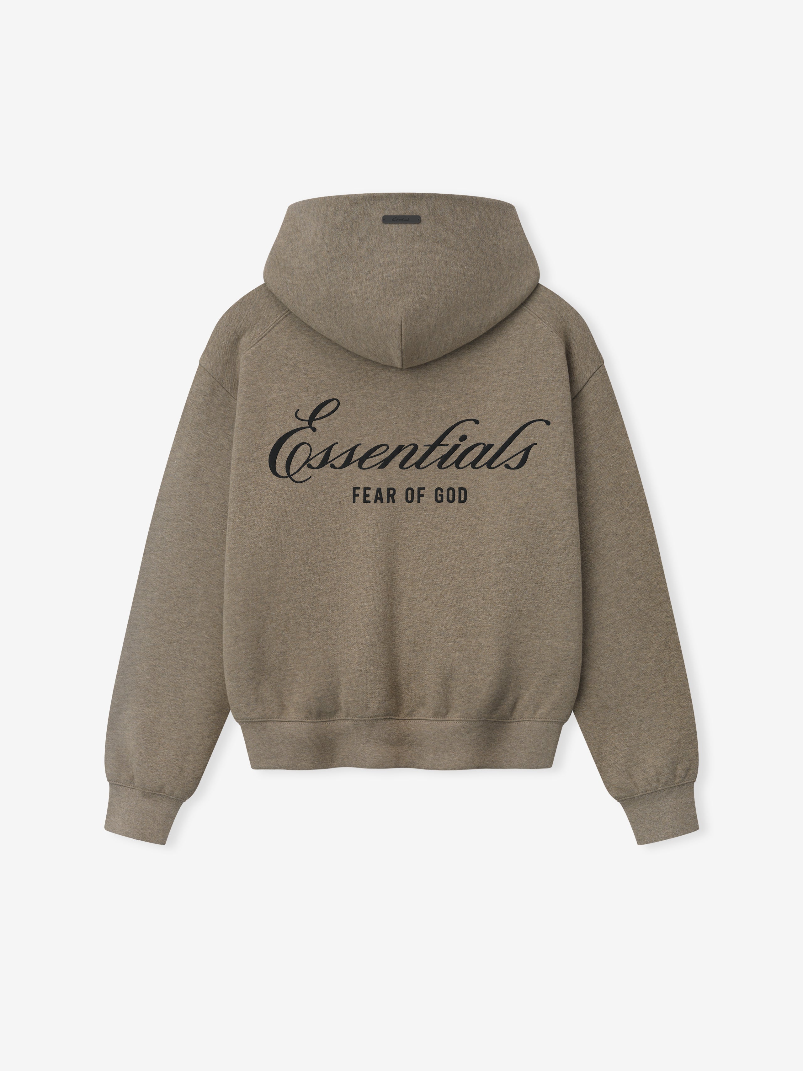 Brown hoodie with 'Essentials Fear of God' text on the back against a white background