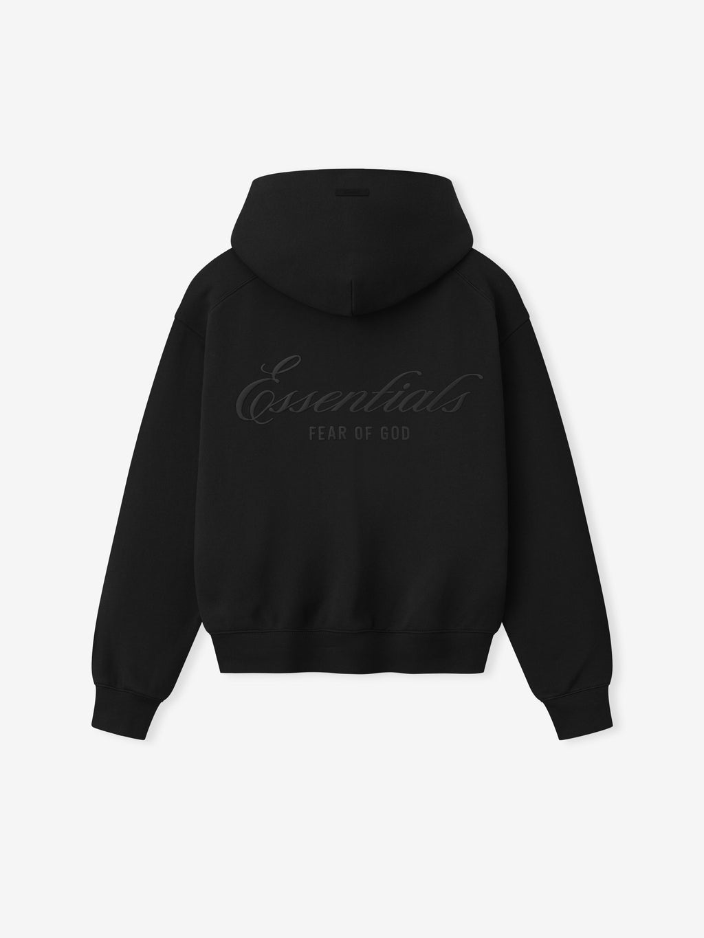 black heavyweight fleece hoodie for women with tapered ribbed cuffs and hem and tone-on-tone Essentials Fear of God logo on back