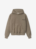 taupe core fleece hoodie for women with front kangaroo pocket and small text logo on left chest panel