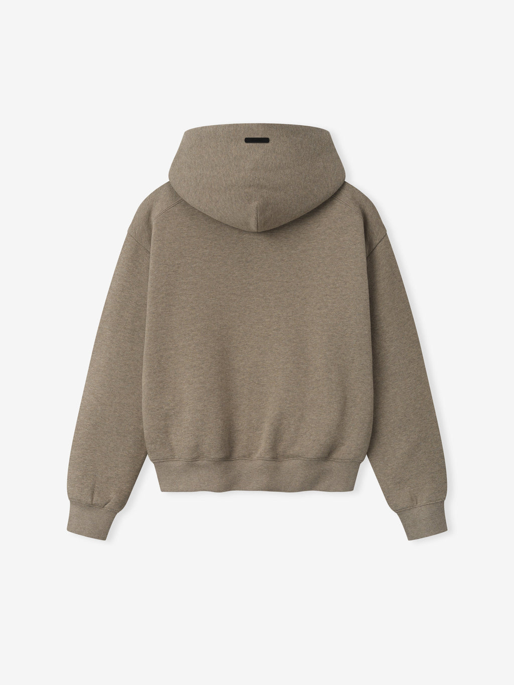back view of taupe core fleece hoodie for women with attached hood and ribbed cuffs and waistband