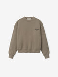 taupe crewneck sweatshirt for women made from thick core fleece with ribbed cuffs, hem, and subtle chest logo embroidery