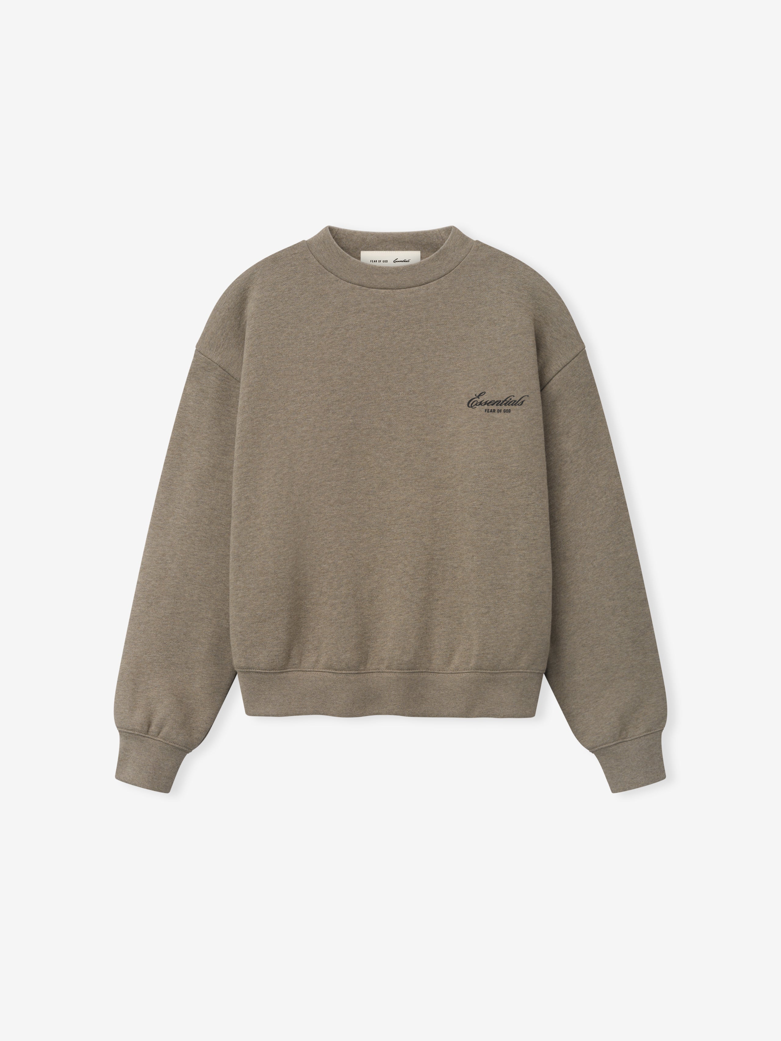 taupe crewneck sweatshirt for women made from thick core fleece with ribbed cuffs, hem, and subtle chest logo embroidery