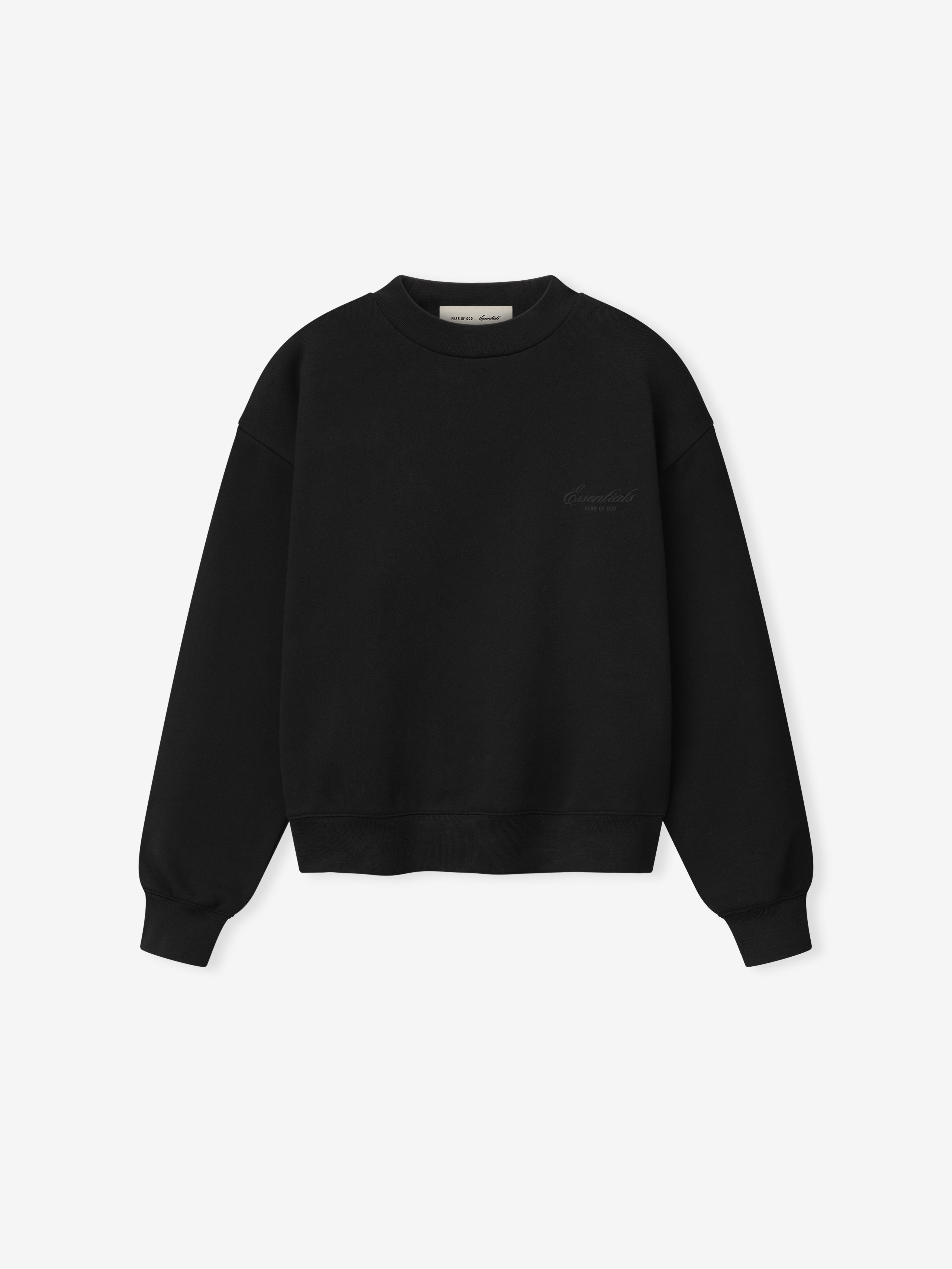 front view of womens relaxed fit black crewneck sweatshirt with ribbed cuffs and hem on heavyweight fleece