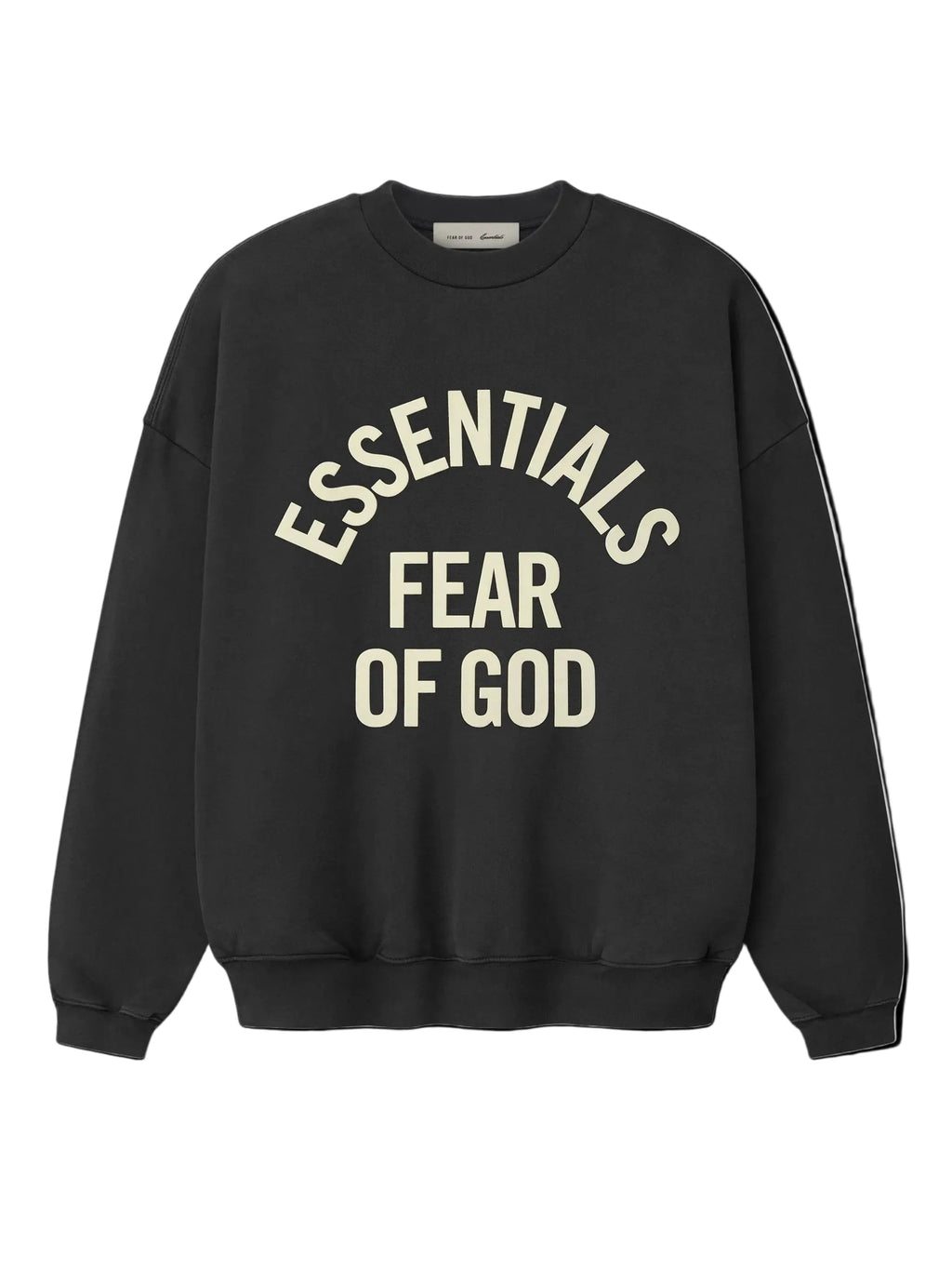front view of black heavyweight cotton fleece crewneck sweatshirt with large off-white Essentials Fear of God logo