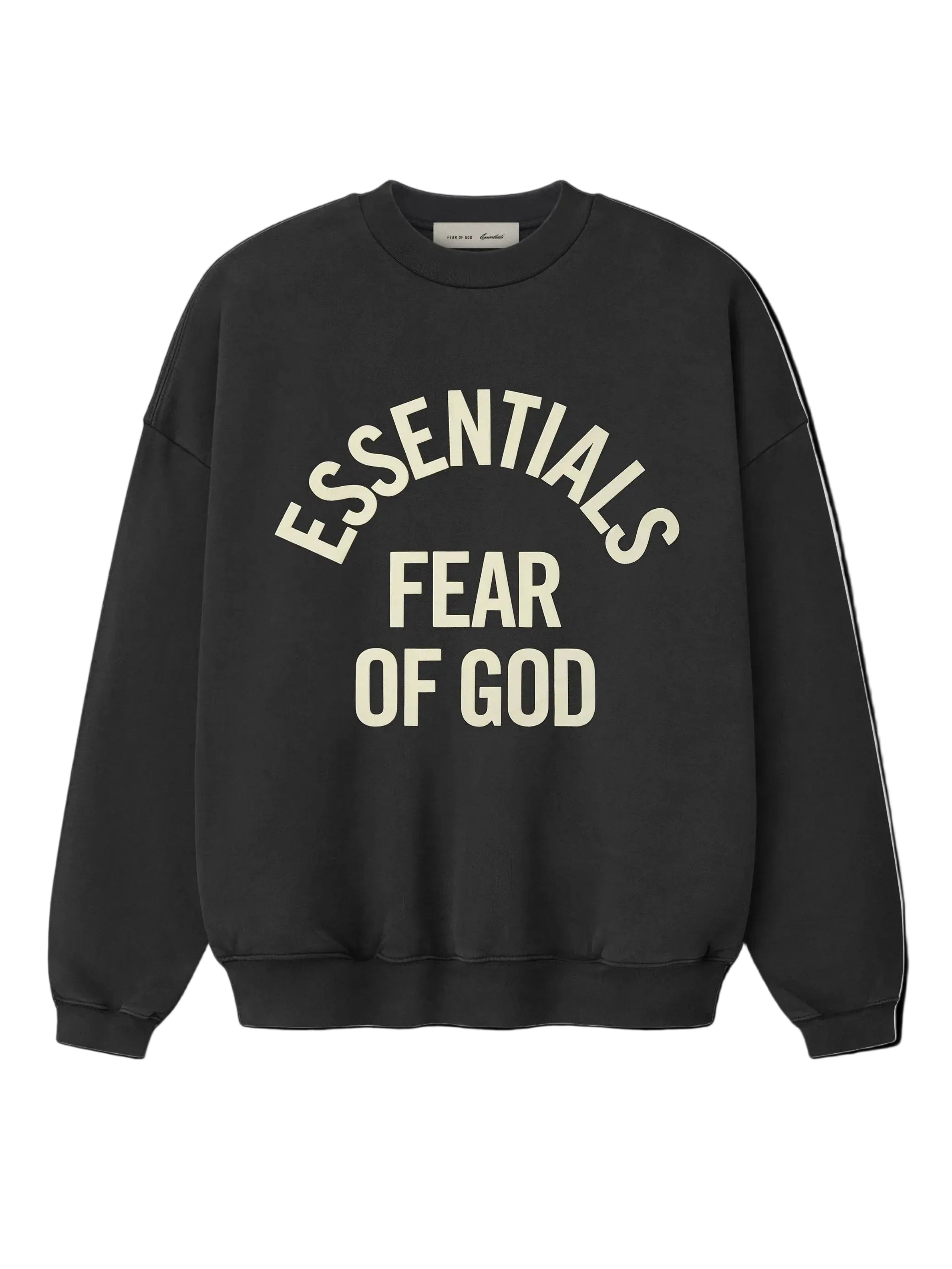 front view of black heavyweight cotton fleece crewneck sweatshirt with large off-white Essentials Fear of God logo