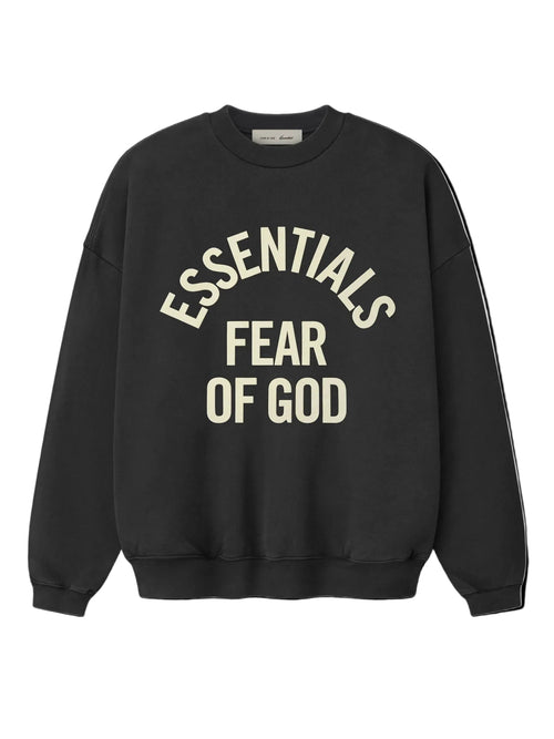 front view of black heavyweight cotton fleece crewneck sweatshirt with large off-white Essentials Fear of God logo