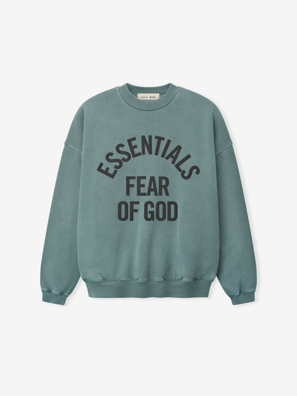 front view of faded teal pigment-dyed crewneck sweatshirt with black Essentials Fear of God logo and ribbed cuffs and hem