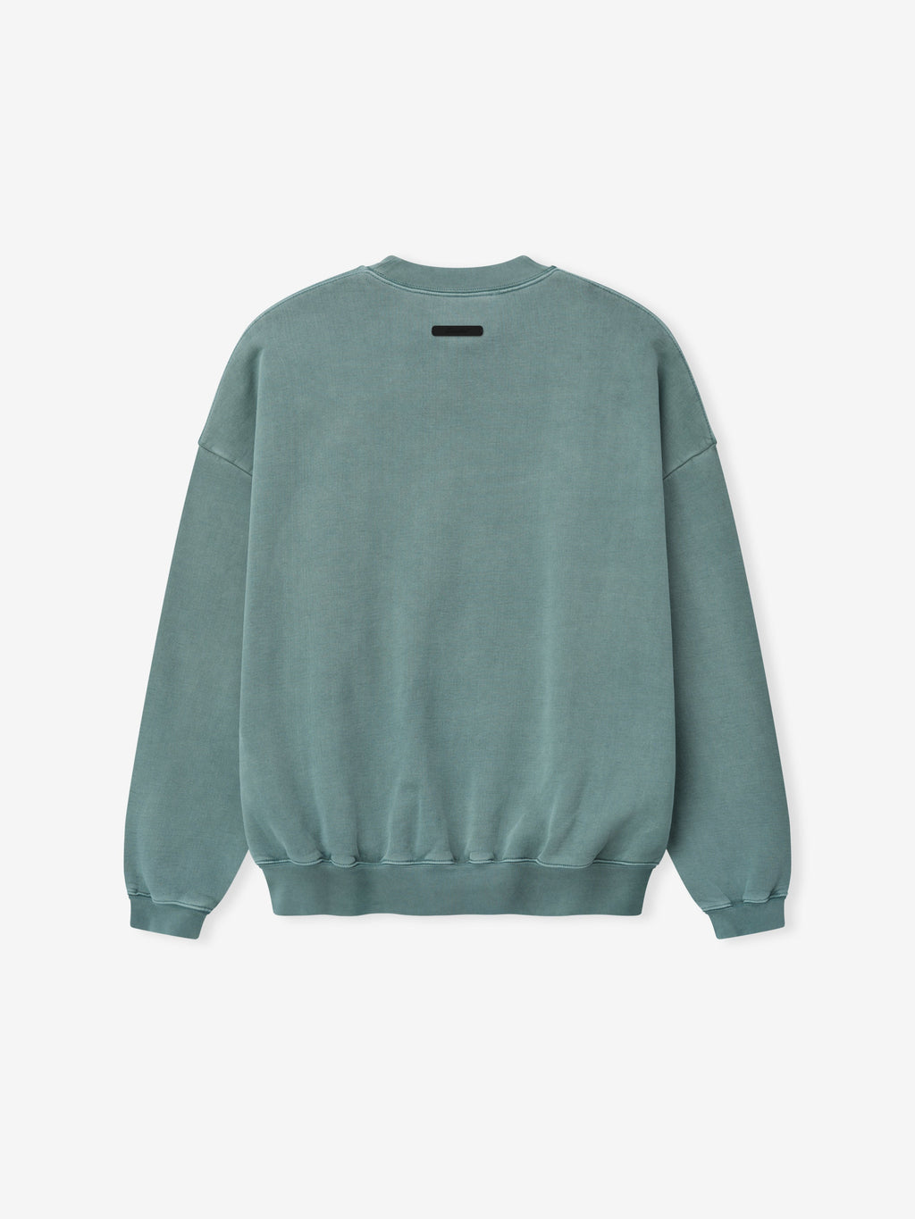 back view of cropped washed teal crewneck sweatshirt with dropped shoulders and ribbed hem and cuffs