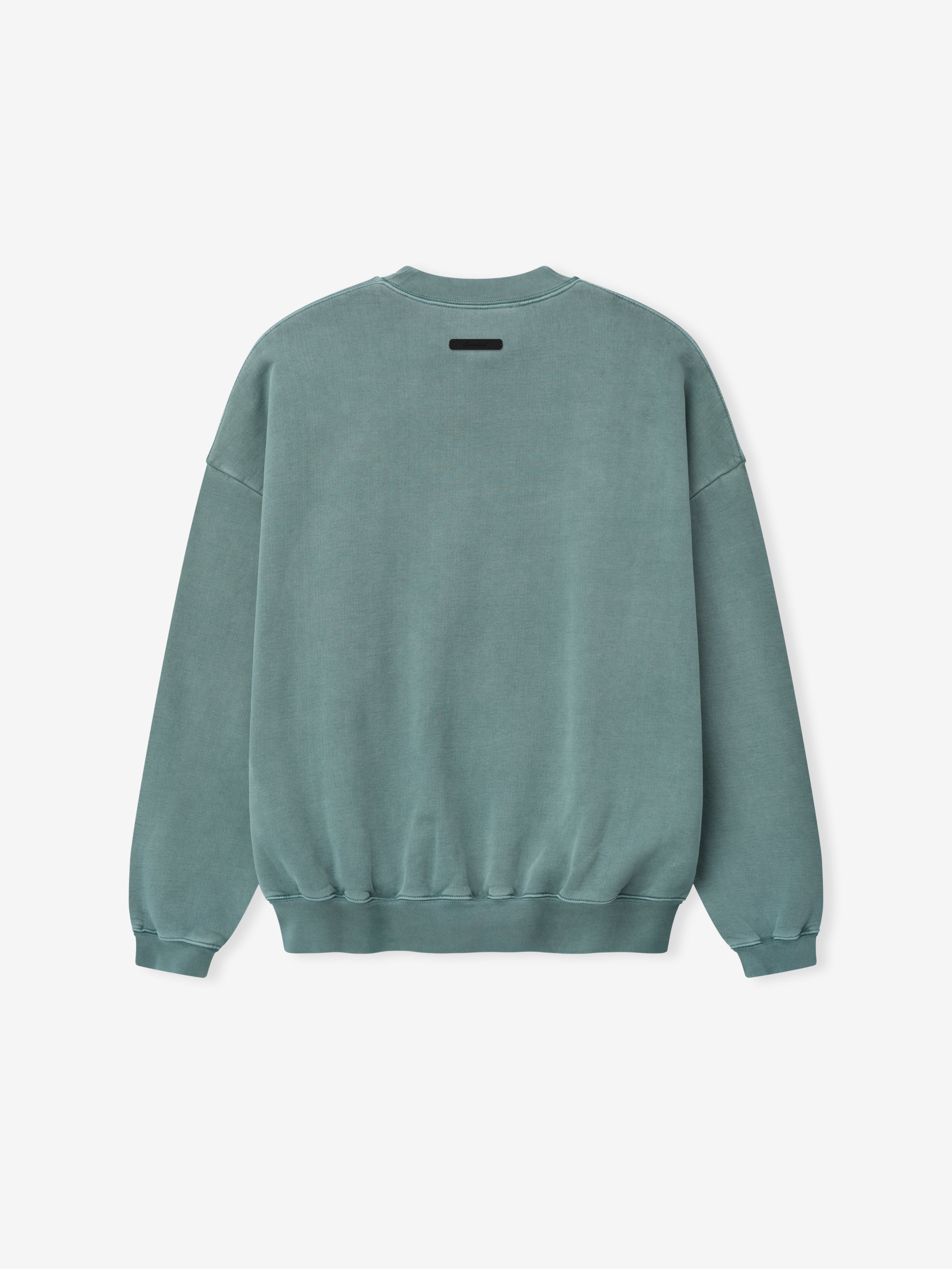 back view of cropped washed teal crewneck sweatshirt with dropped shoulders and ribbed hem and cuffs