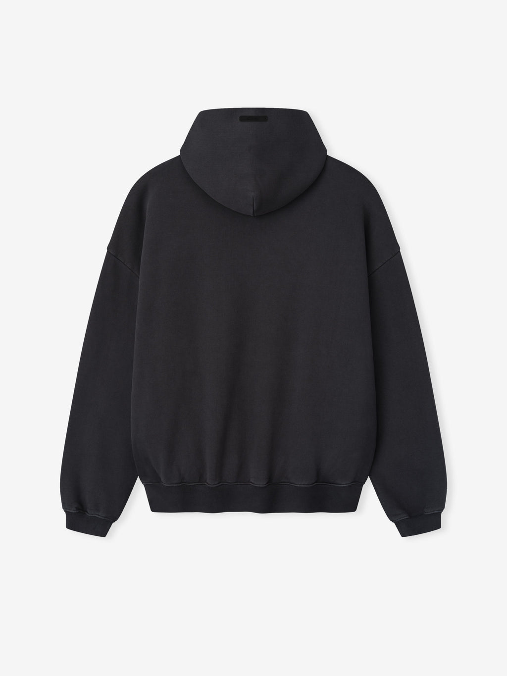 back view of black cropped heavyweight fleece hoodie with dropped shoulders and ribbed cuffs and hem