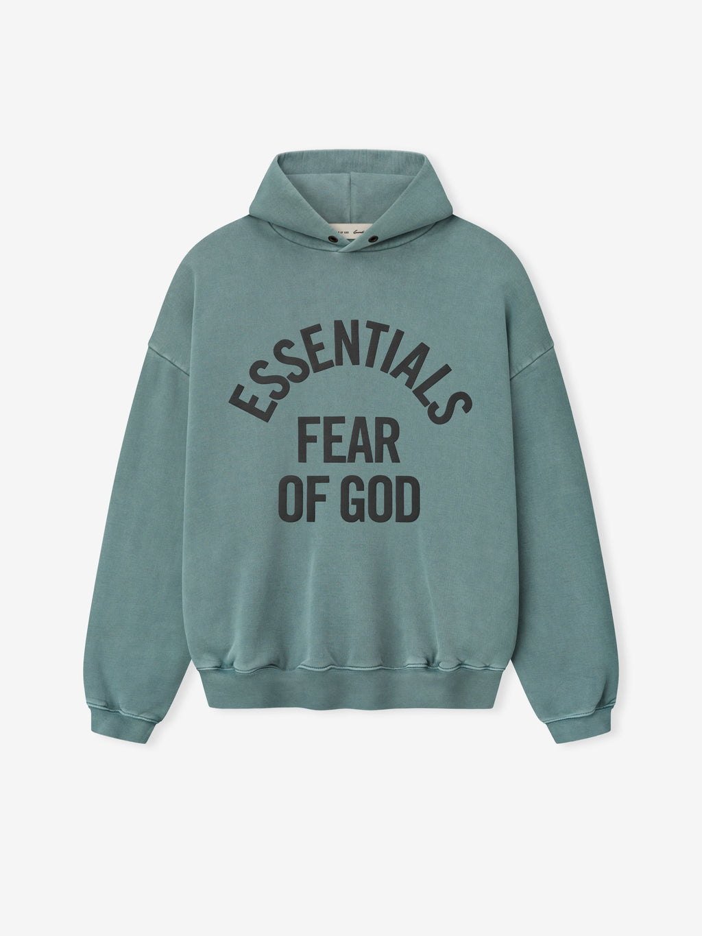 front view of pigment-dyed teal heavyweight fleece hoodie with large black Essentials Fear of God arched logo print
