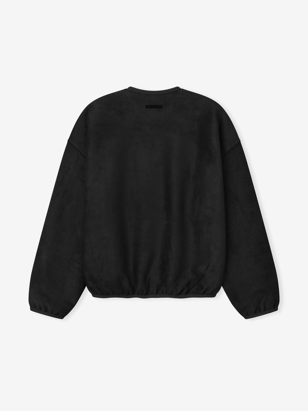 Black long-sleeve pullover with elasticated hem and cuffs, displayed flat with back facing up on a light background