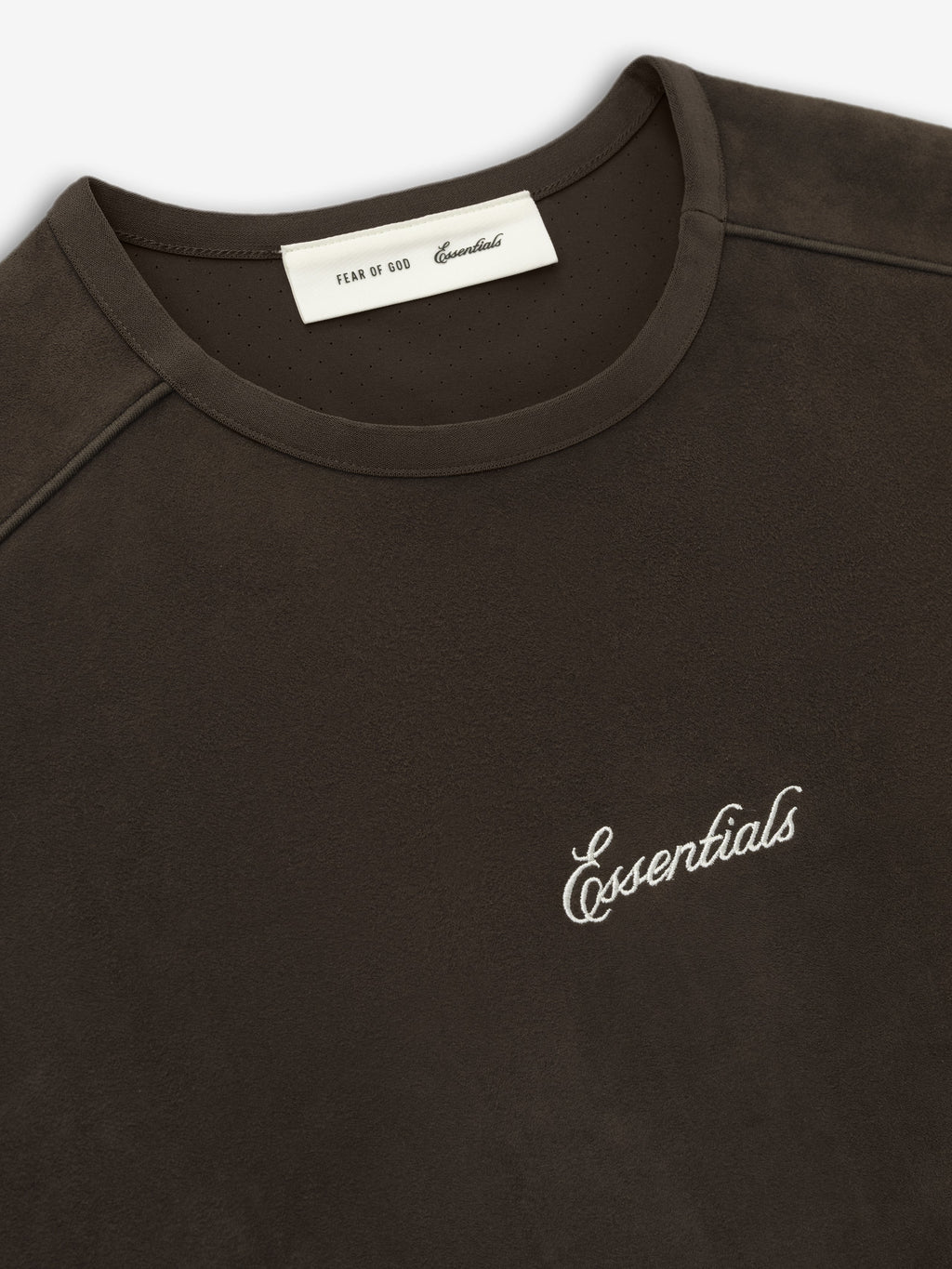 Close-up of a dark brown sweatshirt with 'essentials' branding on a white background