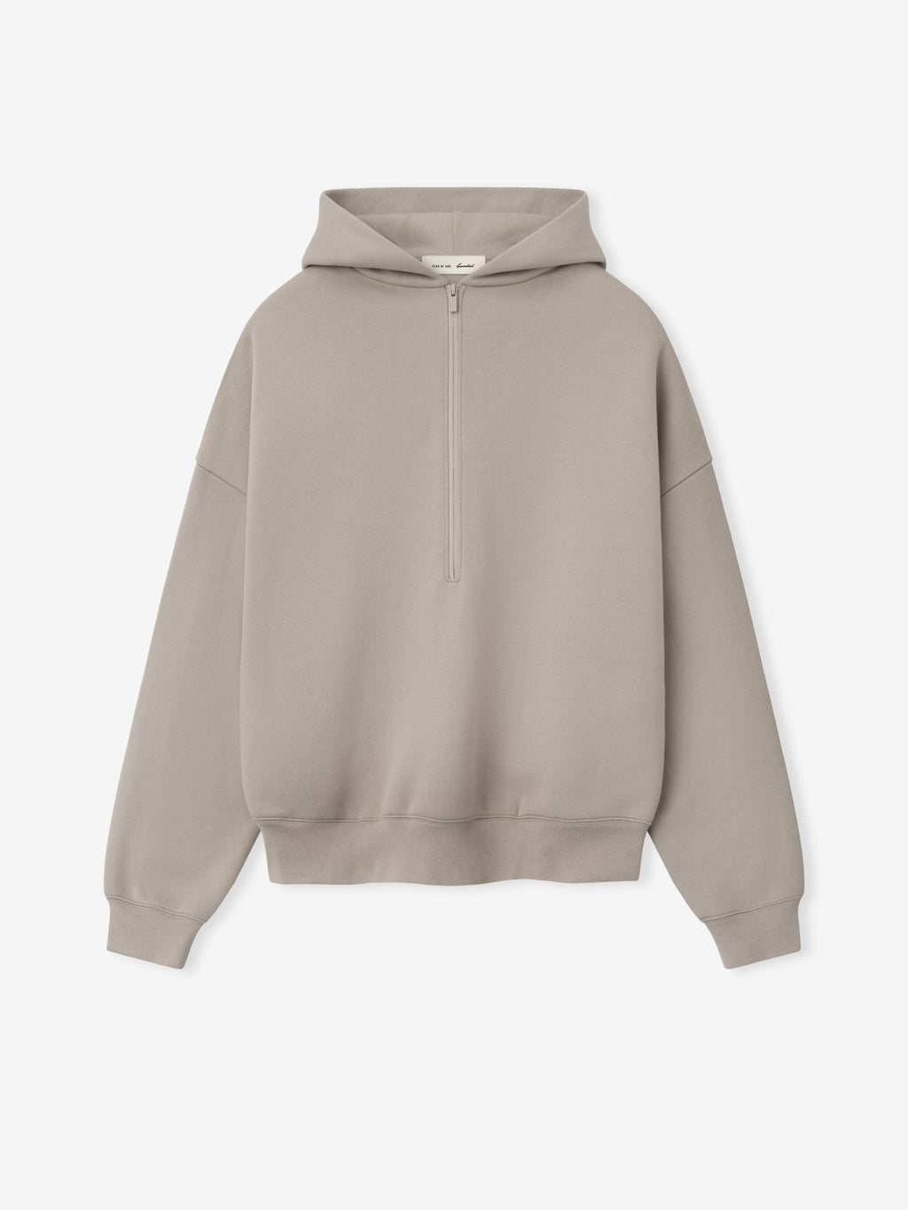 front view of beige heavyweight half-zip hoodie with dropped shoulders and double-layer hood and ribbed hem and cuffs