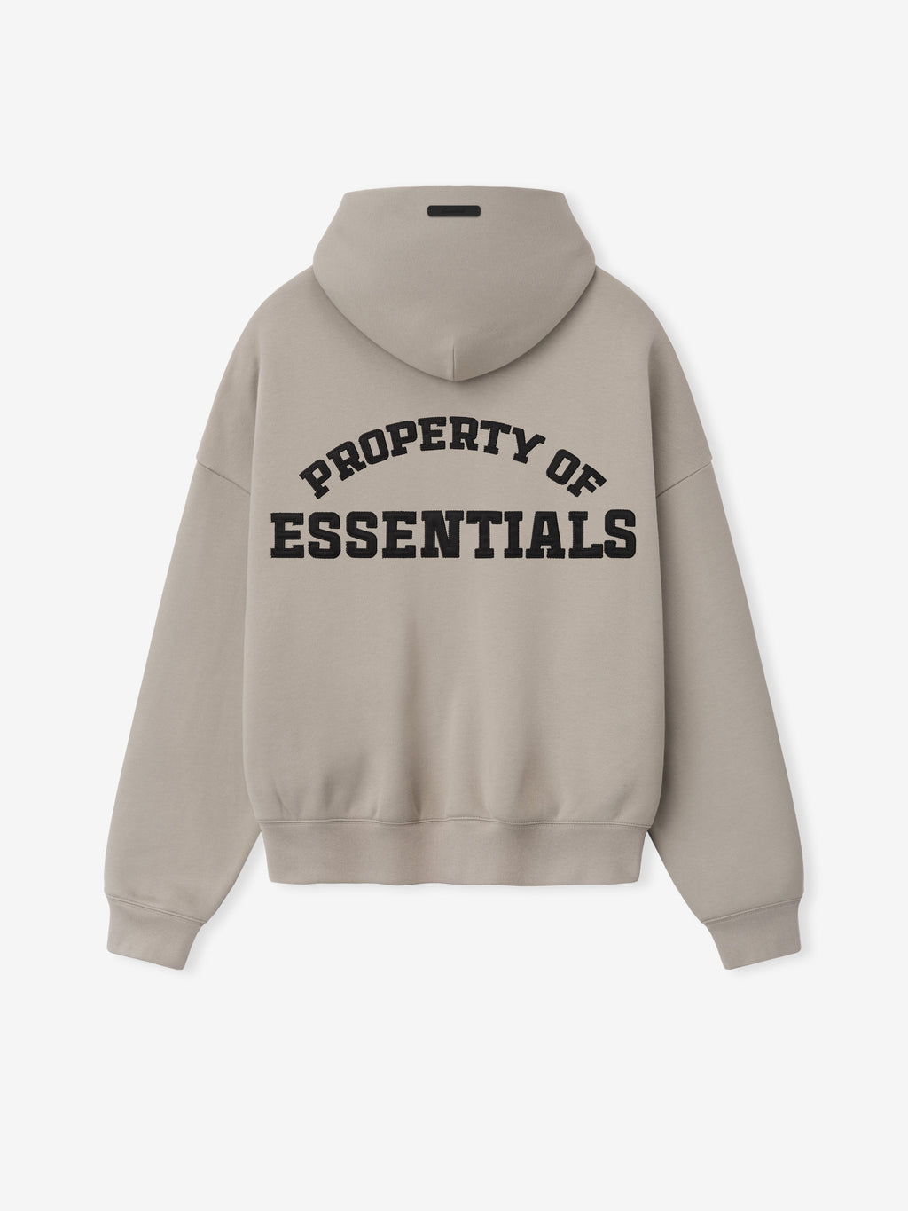 back view of beige heavyweight fleece hoodie with dropped shoulders and black satin stitch Property of Essentials logo