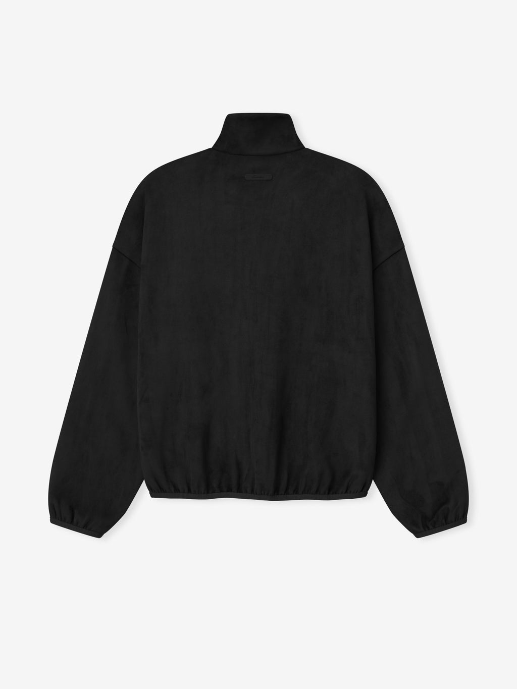 back view of black bonded suede fleece track jacket with oversized fit and elasticated hem and cuffs